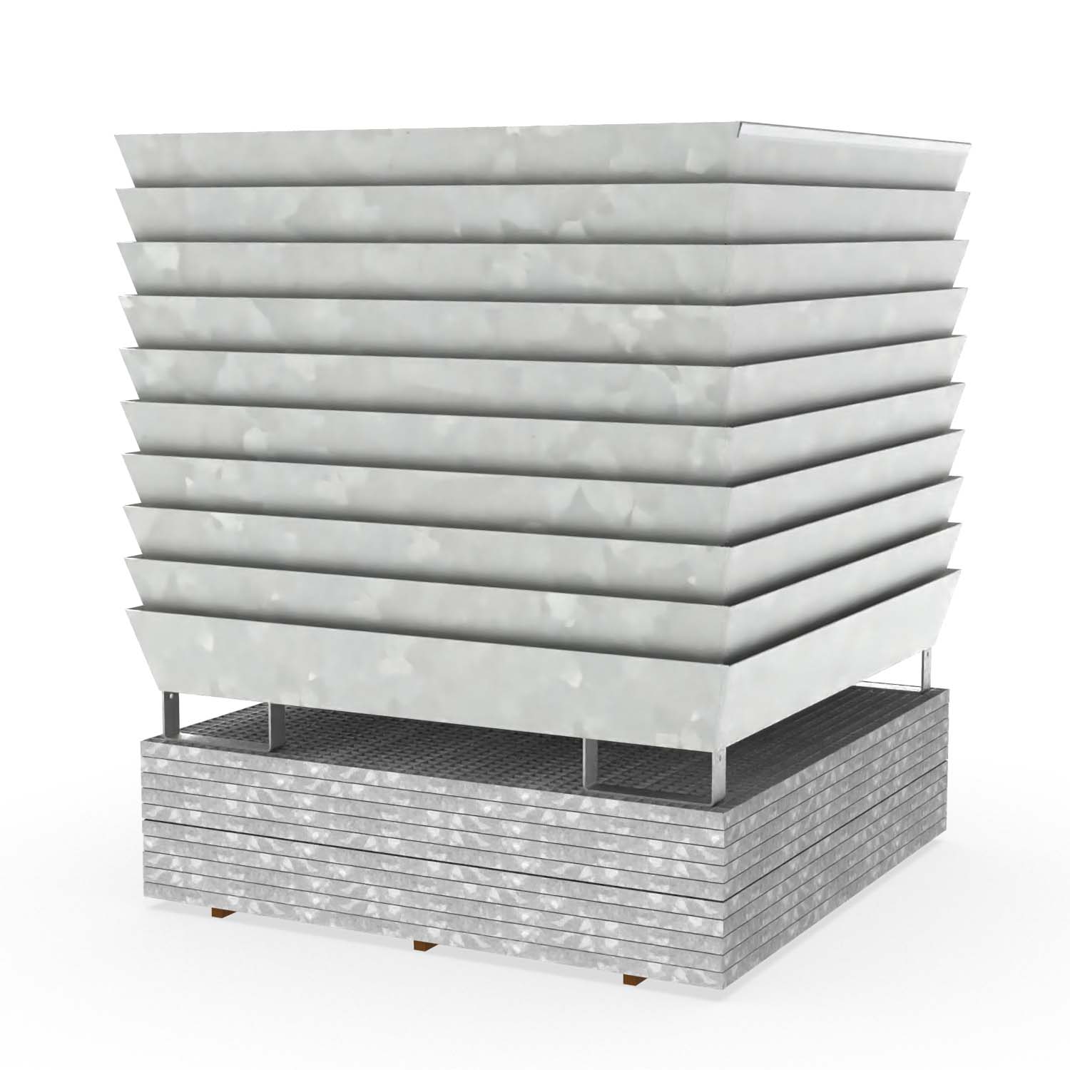 Set aus 10 Auffangwannen aus Stahl für 4 x 200 l Fässer, Gitterrost, verzinkt, unterfahrbar und stapelbar, Wannenmaß 1300x1300x270mm Auffangwannen aus Stahl Produktbild Set aus 10 Auffangwannen aus Stahl für 4 x 200 l Fässer, Gitterrost, verzinkt, unterfahrbar und stapelbar