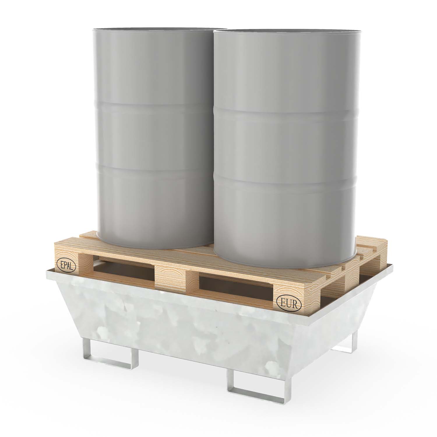 Auffangwanne aus Stahl für 2 x 200 l Fässer zur Direktlagerung mit Palette, ohne Gitterrost, unterfahrbar, verzinkt, 1230x850x400mm Auffangwannen aus Stahl Produktbild Auffangwanne aus Stahl für 2 x 200 l Fässer zur Direktlagerung mit Palette, ohne Gitterrost, unterfahrbar, verzinkt, 1230x850x400mm