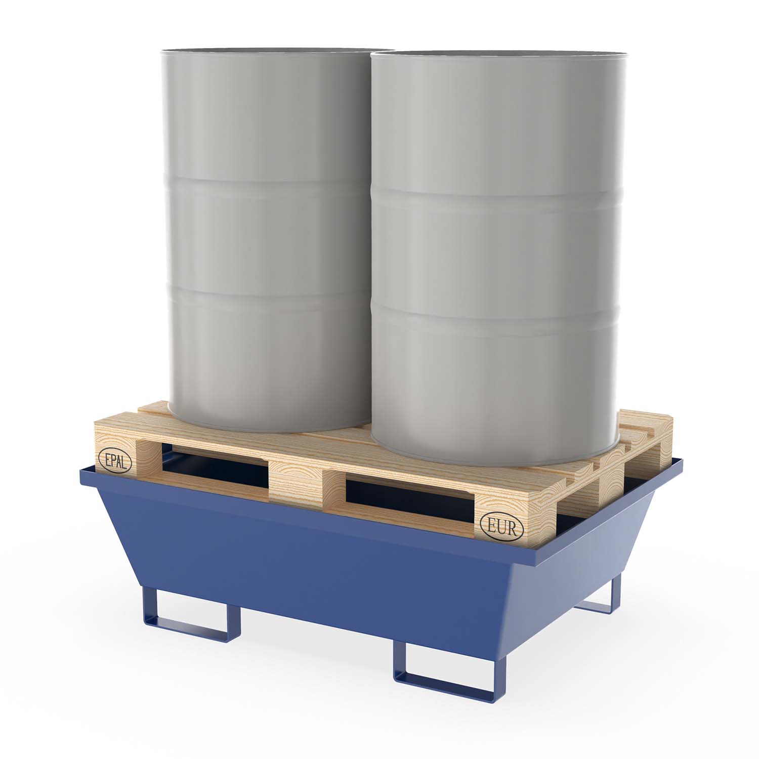 Auffangwanne aus Stahl für 2 x 200 l Fässer zur Direktlagerung mit Palette, ohne Gitterrost, unterfahrbar, lackiert, 1230x850x400mm Auffangwannen aus Stahl Produktbild Auffangwanne aus Stahl für 2 x 200 l Fässer zur Direktlagerung mit Palette, ohne Gitterrost, unterfahrbar, lackiert, 1230x850x400mm