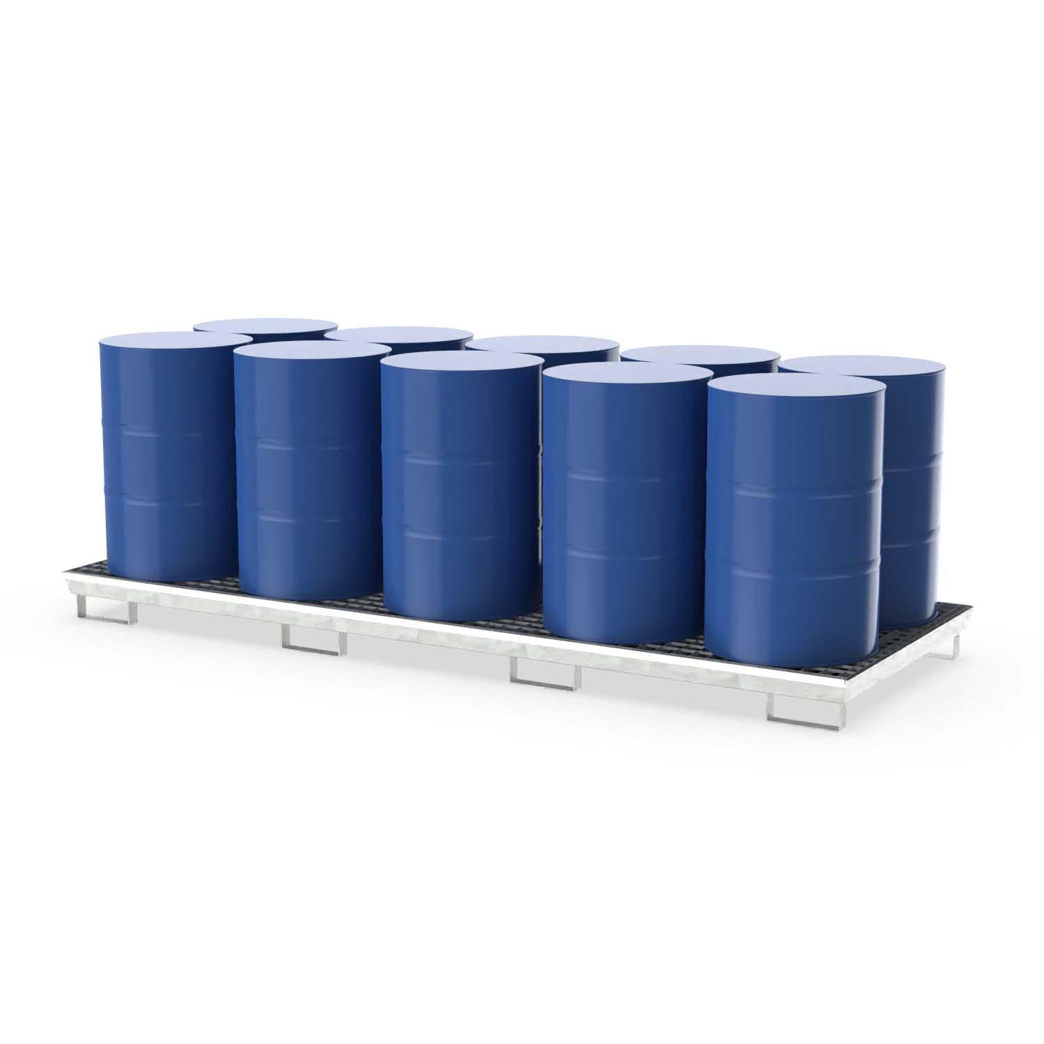 Auffangwanne aus Stahl für 10 x 200 l Fässer, mit Gitterrost, unterfahrbar, verzinkt, 3250x1205x188mm Auffangwannen aus Stahl Produktbild Auffangwanne aus Stahl für 10 x 200 l Fässer, mit Gitterrost, unterfahrbar, verzinkt