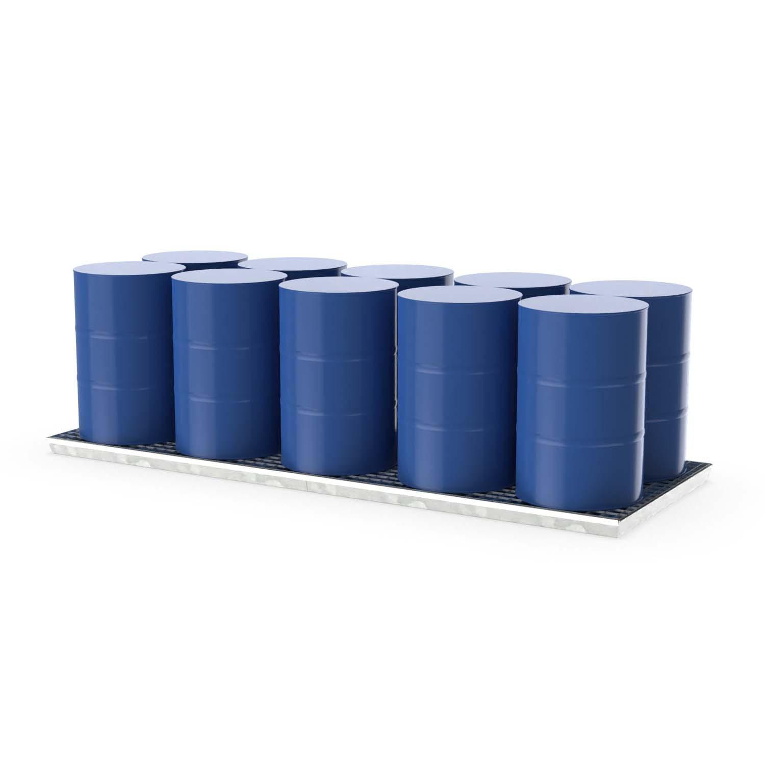 Auffangwanne aus Stahl für 10 x 200 l Fässer, mit Gitterrost, verzinkt, 3250x1205x88mm Auffangwannen aus Stahl Produktbild Auffangwanne aus Stahl für 10 x 200 l Fässer, mit Gitterrost, verzinkt