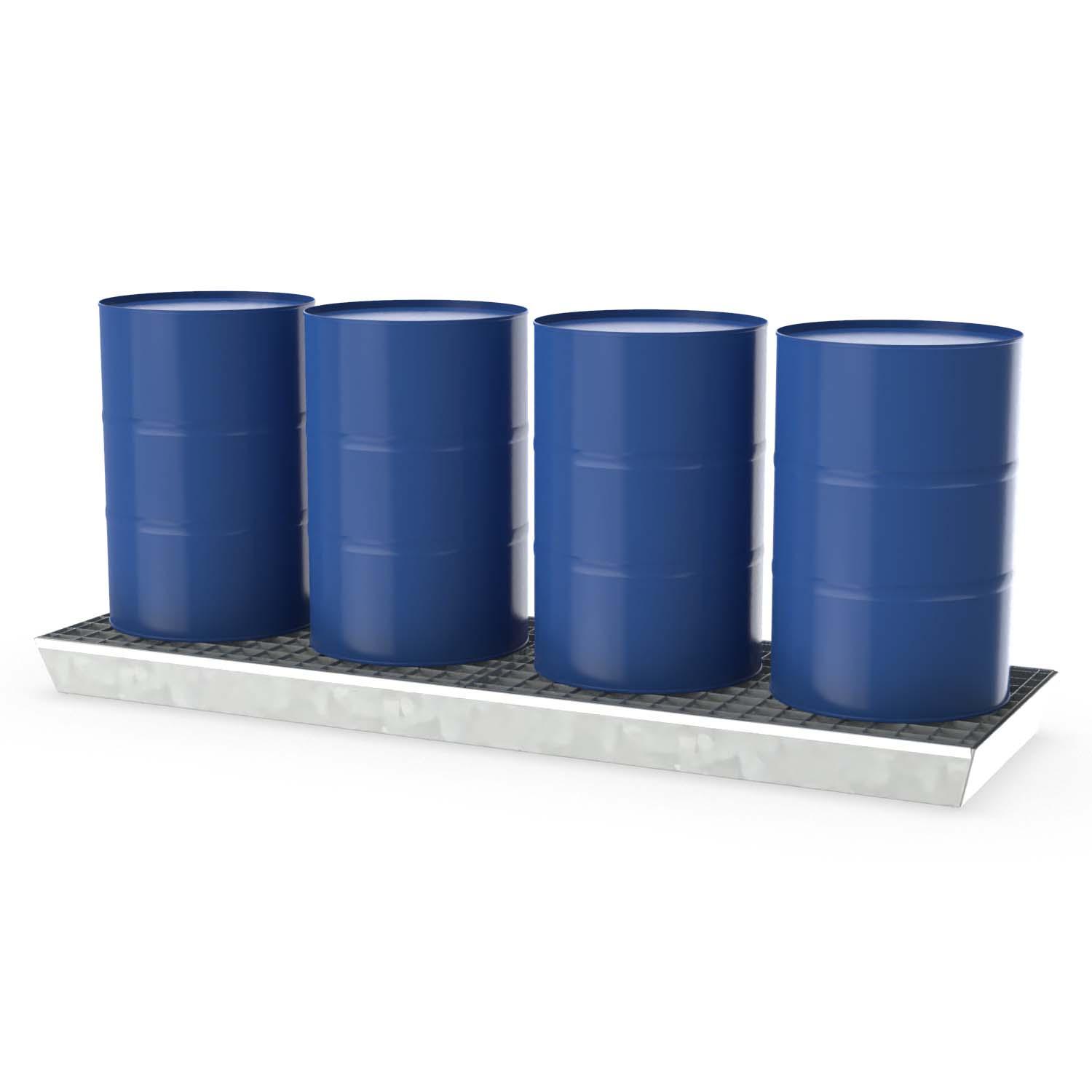 Auffangwanne aus Stahl für 4 x 200 l Fässer, mit Gitterrost, lang, verzinkt, Auffangvolumen 232 l, 2590x800x160mm Auffangwannen aus Stahl Produktbild Auffangwanne aus Stahl für 4 x 200 l Fässer, mit Gitterrost, lang, verzinkt, Auffangvolumen 232 l