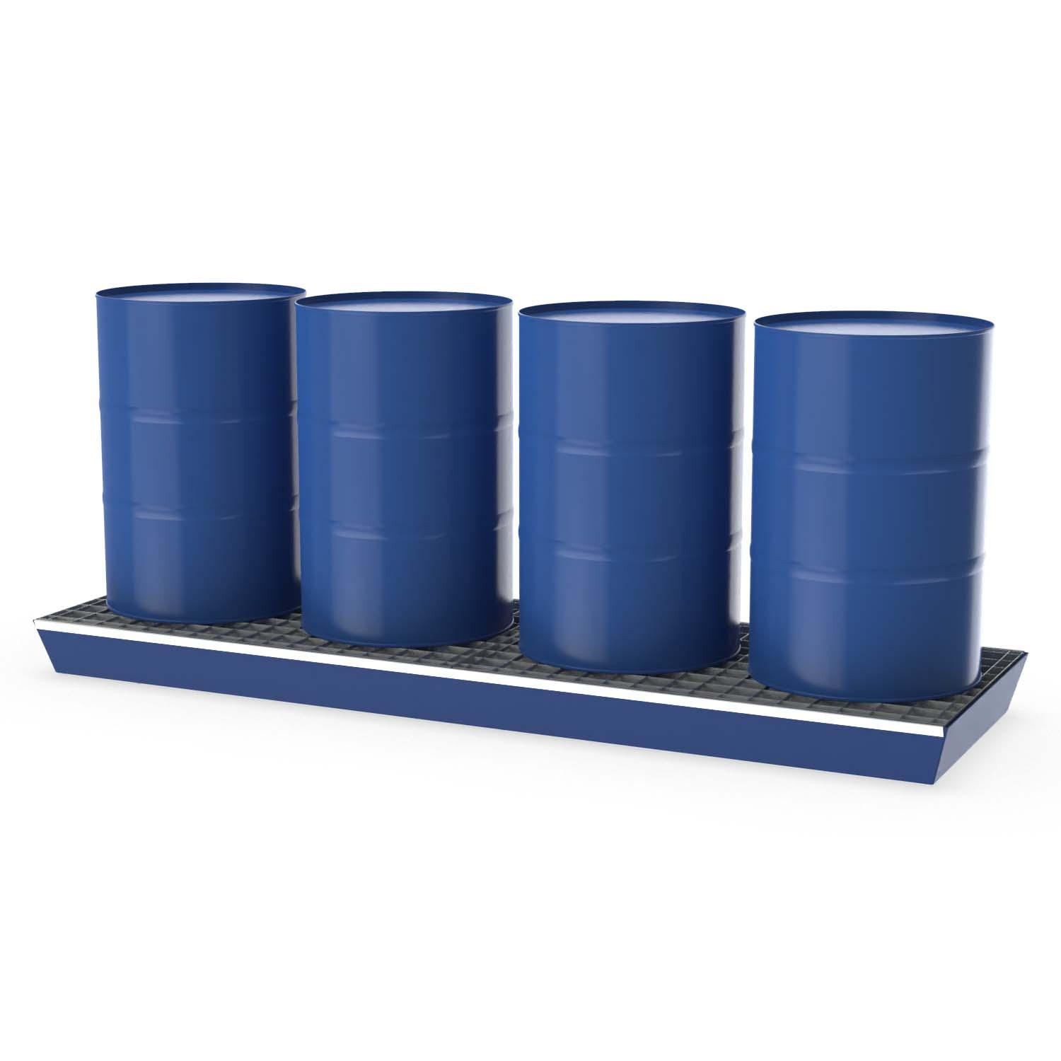 Auffangwanne aus Stahl für 4 x 200 l Fässer, mit Gitterrost, lang, lackiert, Auffangvolumen 232 l, 2590x800x160mm Auffangwannen aus Stahl Produktbild Auffangwanne aus Stahl für 4 x 200 l Fässer, mit Gitterrost, lang, lackiert, Auffangvolumen 232 l