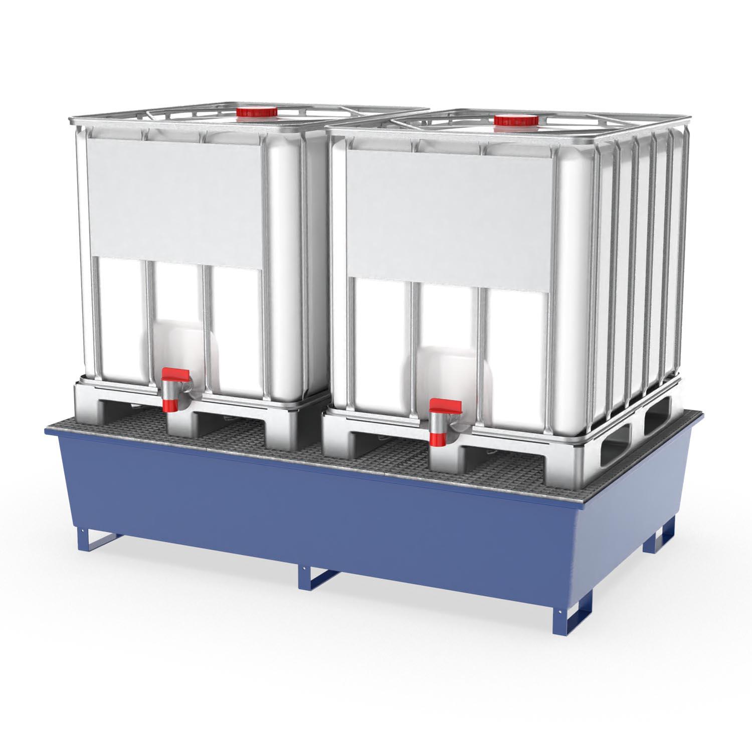 Auffangwanne aus Stahl für 2 x 1000 l IBC, mit Abfüllbereich, lackiert, 2200x1400x510mm Abfüllstationen Produktbild Auffangwanne aus Stahl für 2 x 1000 l IBC, mit Abfüllbereich, lackiert, 2200x1400x510 mm