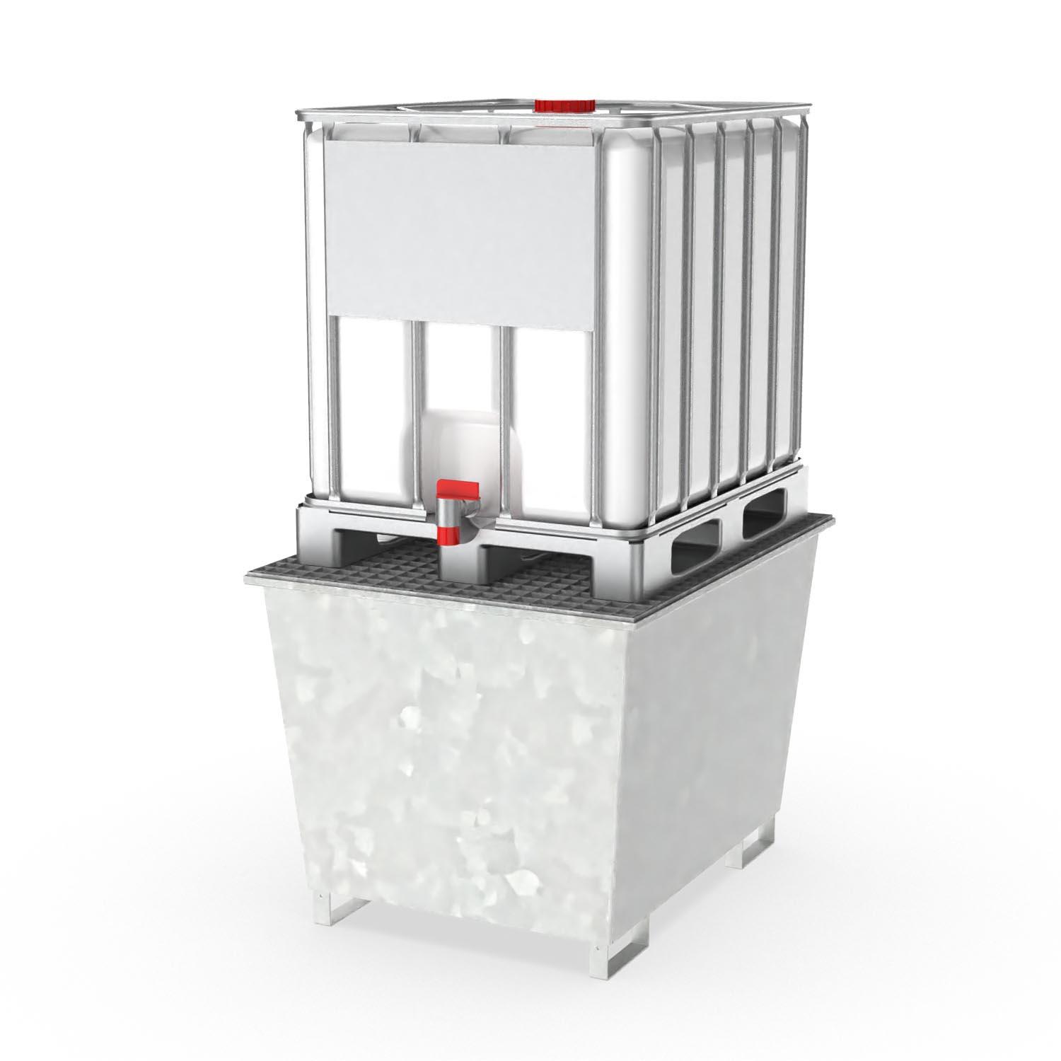 Auffangwanne aus Stahl für 1 x 1000 l IBC, mit Abfüllbereich, verzinkt, 1120x1410x985mm Abfüllstationen Produktbild Auffangwanne aus Stahl für 1 x 1000 l IBC, mit Abfüllbereich, verzinkt, 1120x1410x985 mm