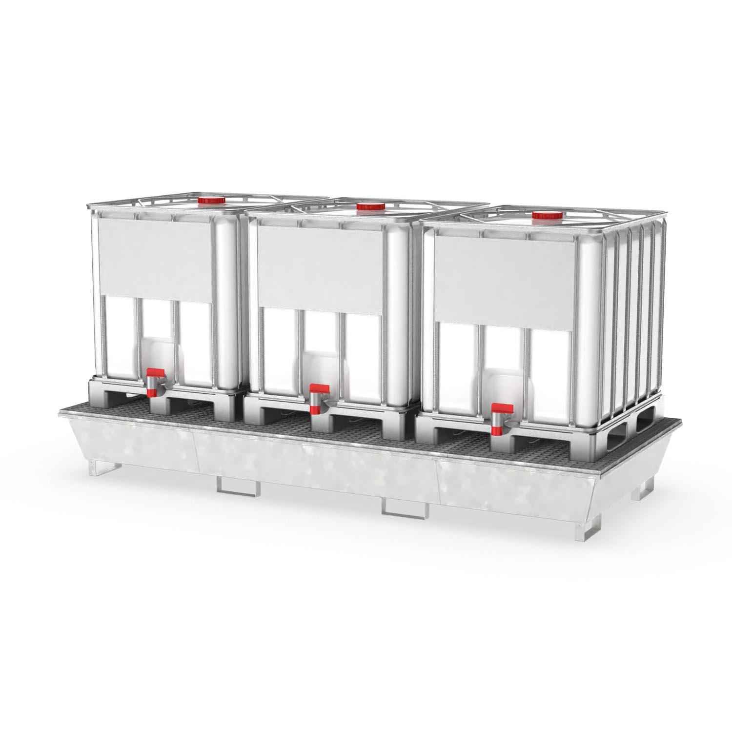 Auffangwanne aus Stahl für 3 x 1000 l IBC, mit Abfüllbereich, verzinkt, 3280x1400x400mm Abfüllstationen Produktbild Auffangwanne aus Stahl für 3 x 1000 l IBC, mit Abfüllbereich, verzinkt, 3280x1400x400 mm