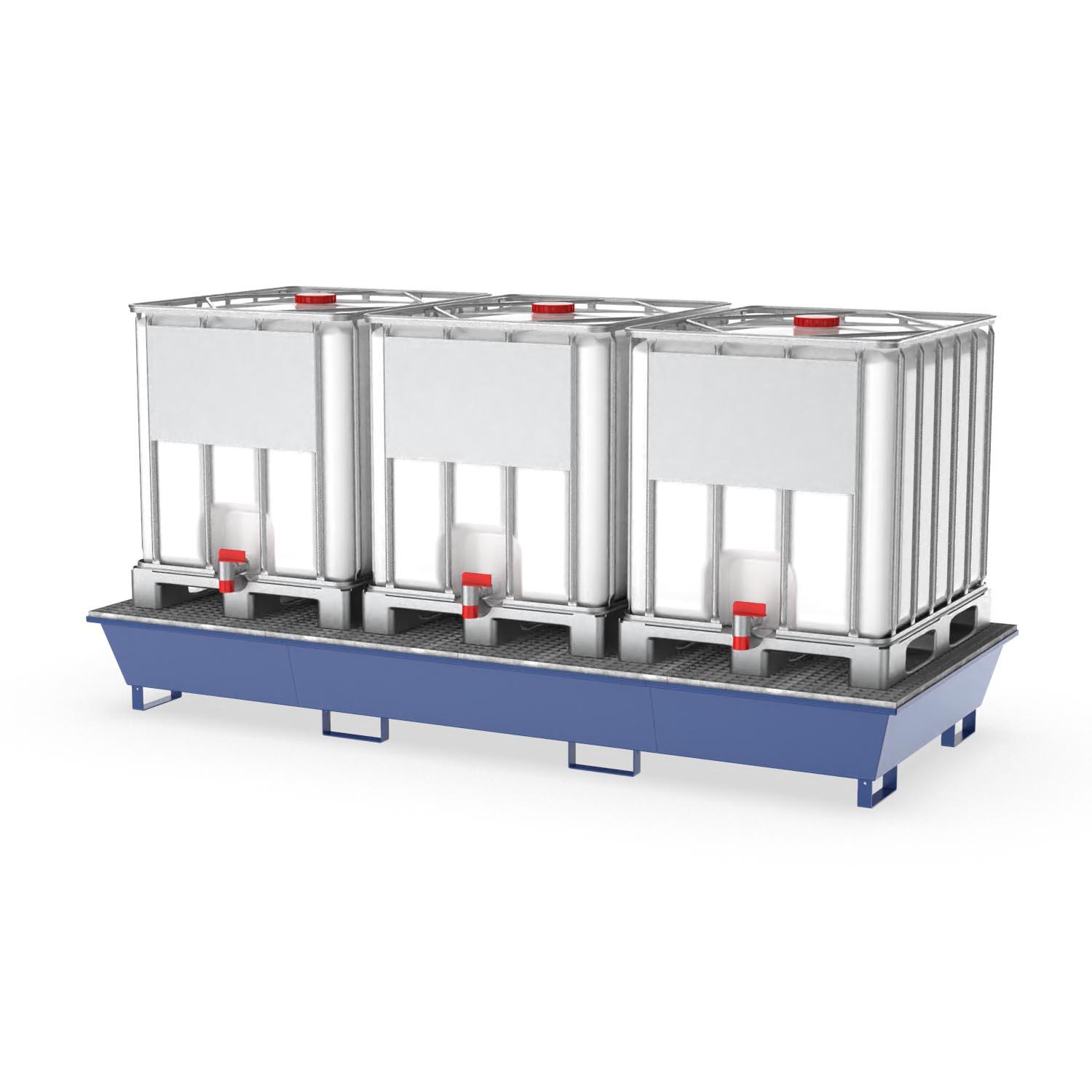Auffangwanne aus Stahl für 3 x 1000 l IBC, mit Abfüllbereich, lackiert, 3280x1400x400mm Abfüllstationen Produktbild Auffangwanne aus Stahl für 3 x 1000 l IBC, mit Abfüllbereich, lackiert, 3280x1400x400 mm