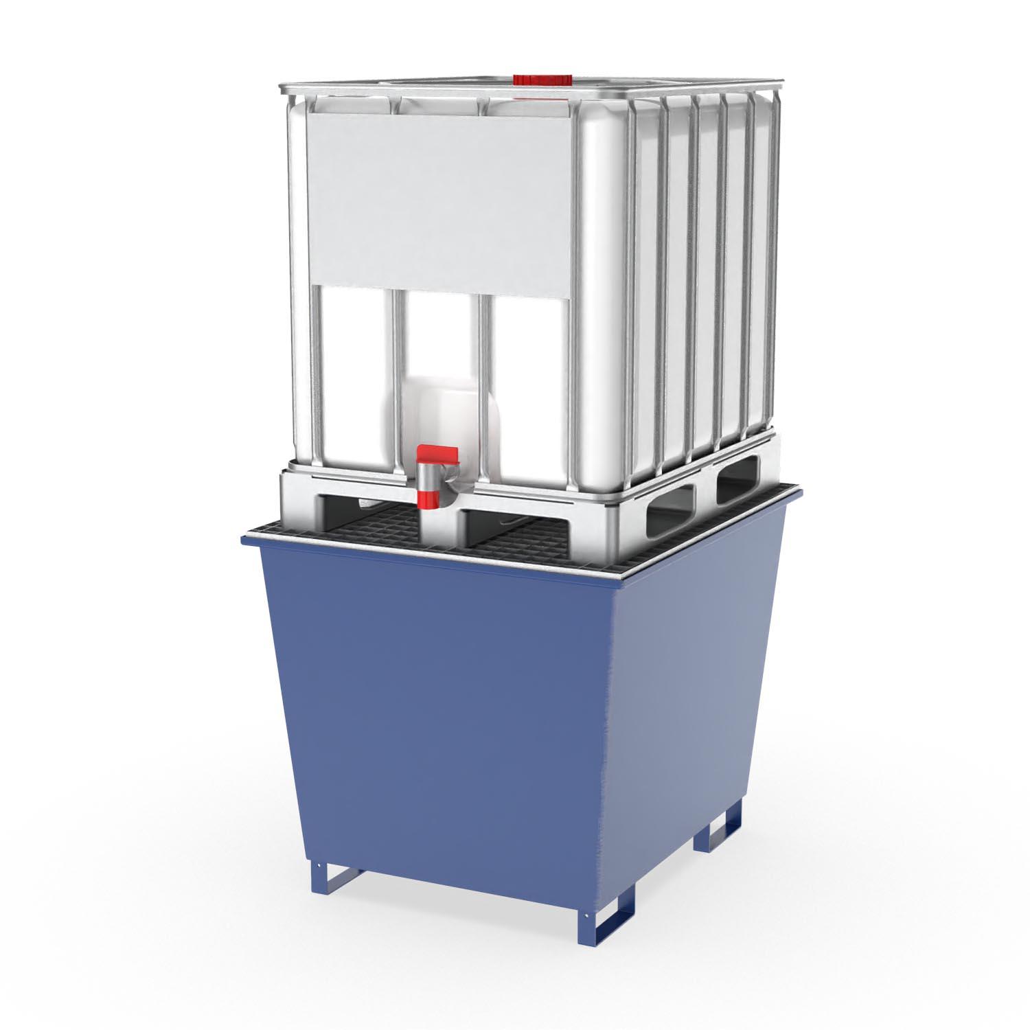 Auffangwanne aus Stahl für 1 x 1000 l IBC, mit Gitterrost, lackiert, 1300x1120x1050mm Auffangwannen aus Stahl Produktbild Auffangwanne aus Stahl für 1 x 1000 l IBC, mit Gitterrost, lackiert, 1300x1120x1050 mm