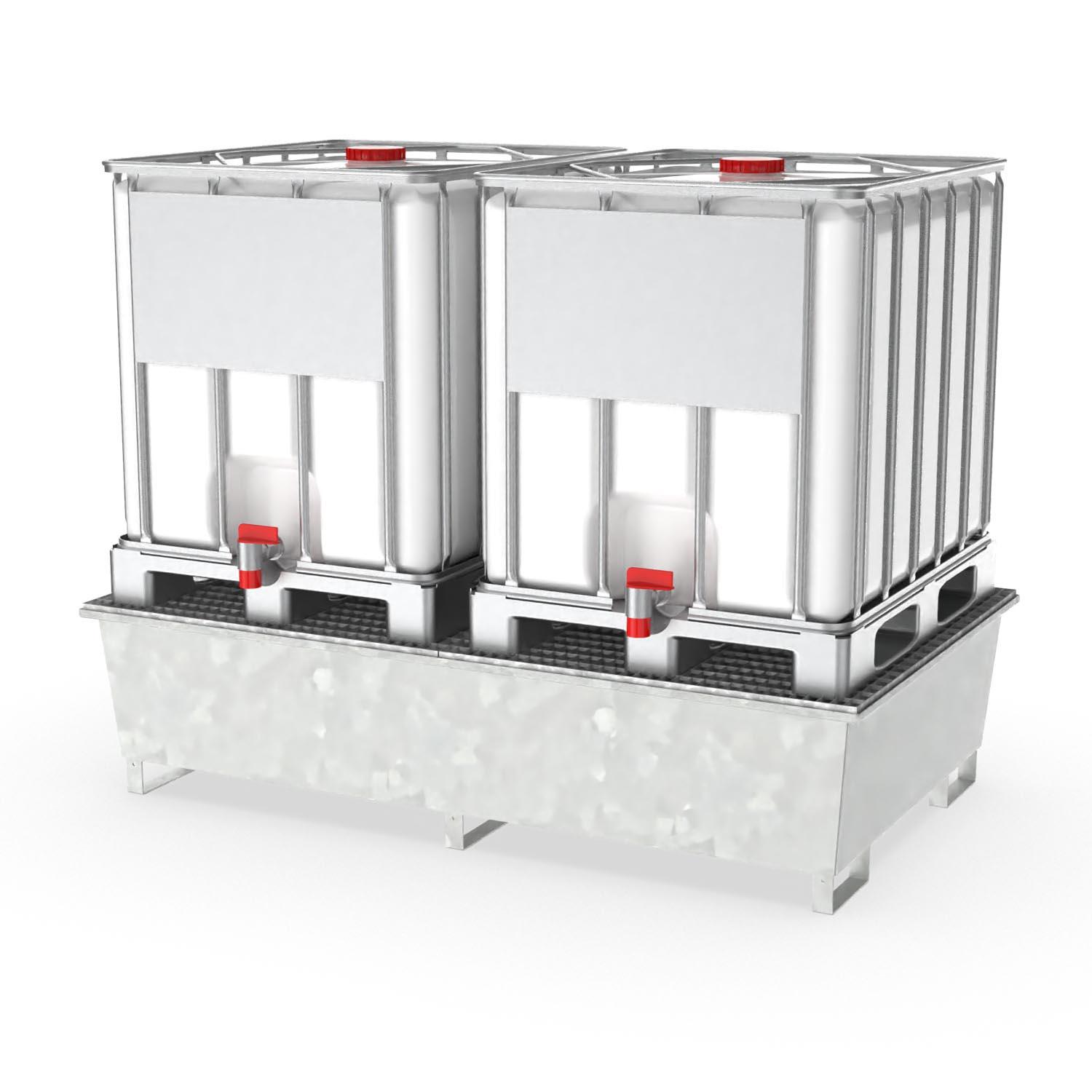 Auffangwanne aus Stahl für 2 x 1000 l IBC, mit Gitterrost, verzinkt, 2200x1300x540mm Auffangwannen aus Stahl Produktbild Auffangwanne aus Stahl für 2 x 1000 l IBC, mit Gitterrost, verzinkt, 2200x1400x510 mm