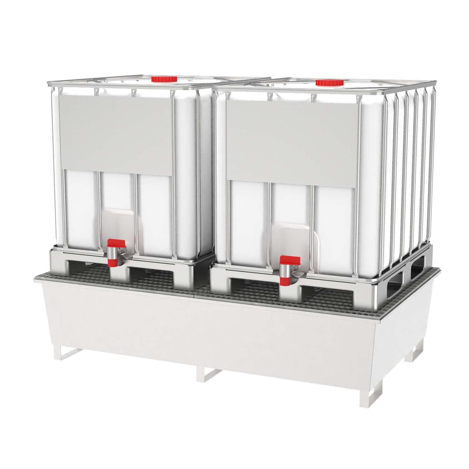 Auffangwanne aus Edelstahl für 2 IBC, Auffangvolumen 1000 l, 2200x1300x530mm Auffangwannen aus Edelstahl Produktbild Auffangwanne aus Edelstahl für 2 IBC mit verzinktem Gitterrost, Auffangvolumen 1000 l, 2200x1300x530 mm