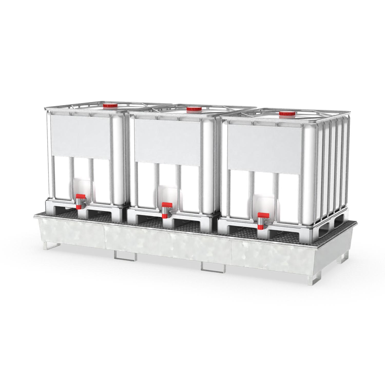 Auffangwanne aus Stahl für 3 x 1000 l IBC, mit Gitterrost, verzinkt, 3280x1300x400mm Auffangwannen aus Stahl Produktbild Auffangwanne aus Stahl für 3 x 1000 l IBC, mit Gitterrost, verzinkt, 3280x1300x400 mm