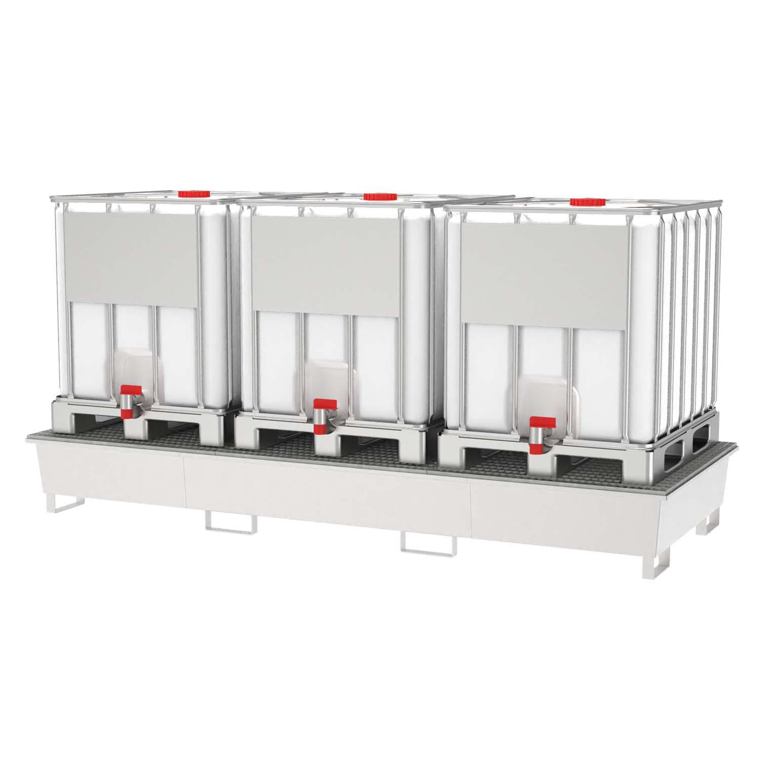 Auffangwanne aus Edelstahl für 3 IBC, Auffangvolumen 1000 l, 3280x1300x400mm Auffangwannen aus Edelstahl Produktbild Auffangwanne aus Edelstahl für 3 IBC mit verzinktem Gitterrost, Auffangvolumen 1000 l, 3280x1300x400 mm