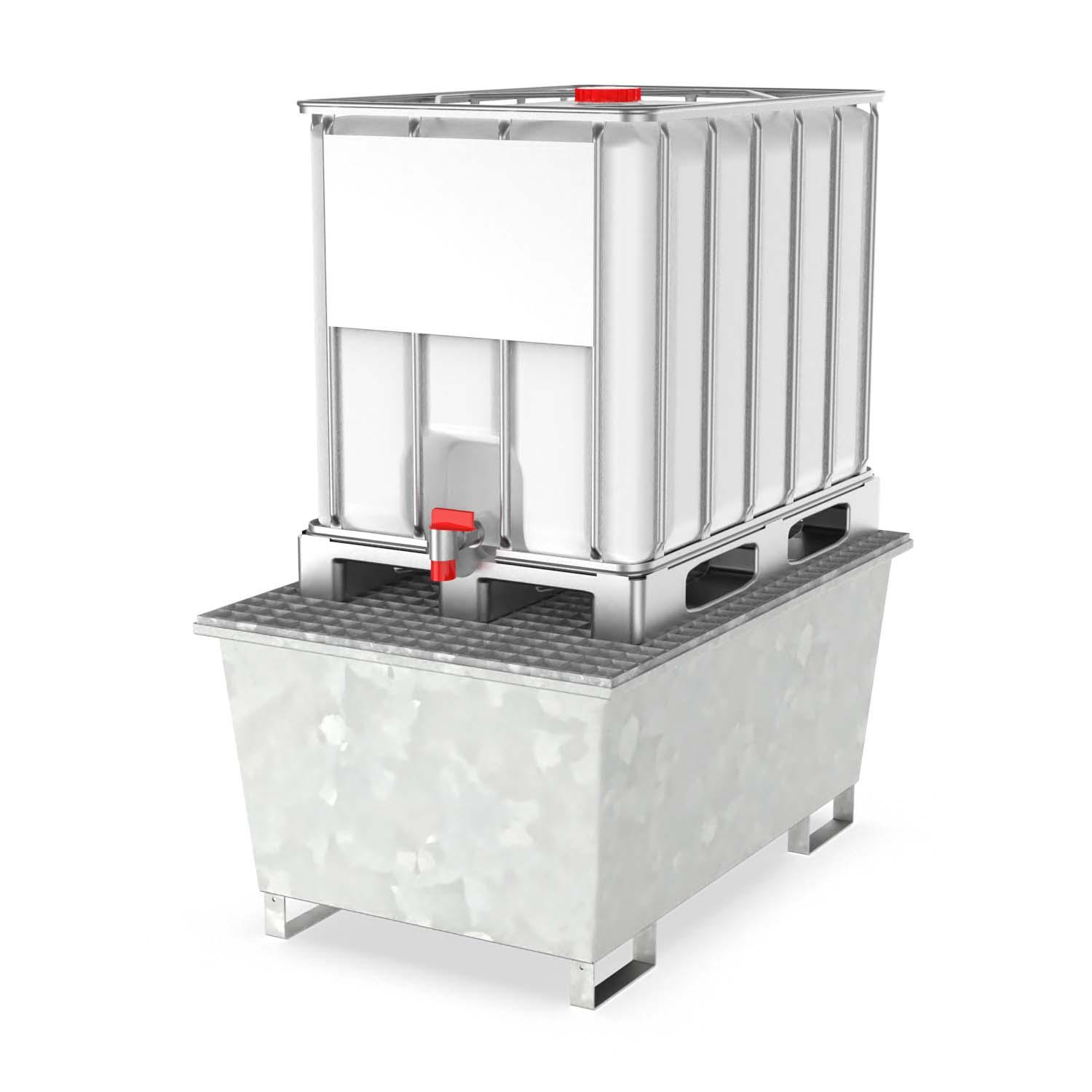 Auffangwanne aus Stahl für 1 x 600 l IBC, verzinkt, mit Gitterrost, 1450x950x690mm Auffangwannen aus Stahl Produktbild Auffangwanne aus Stahl für 1 x 600 l IBC, mit Gitterrost, verzinkt, 1450x950x690 mm