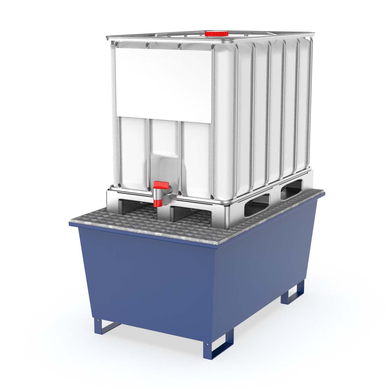 Auffangwanne aus Stahl für 1 x 600 l IBC, lackiert, mit Gitterrost, 1450x950x690mm Auffangwannen aus Stahl Produktbild Auffangwanne aus Stahl für 1 x 600 l IBC, mit Gitterrost, lackiert, 1450x950x690 mm