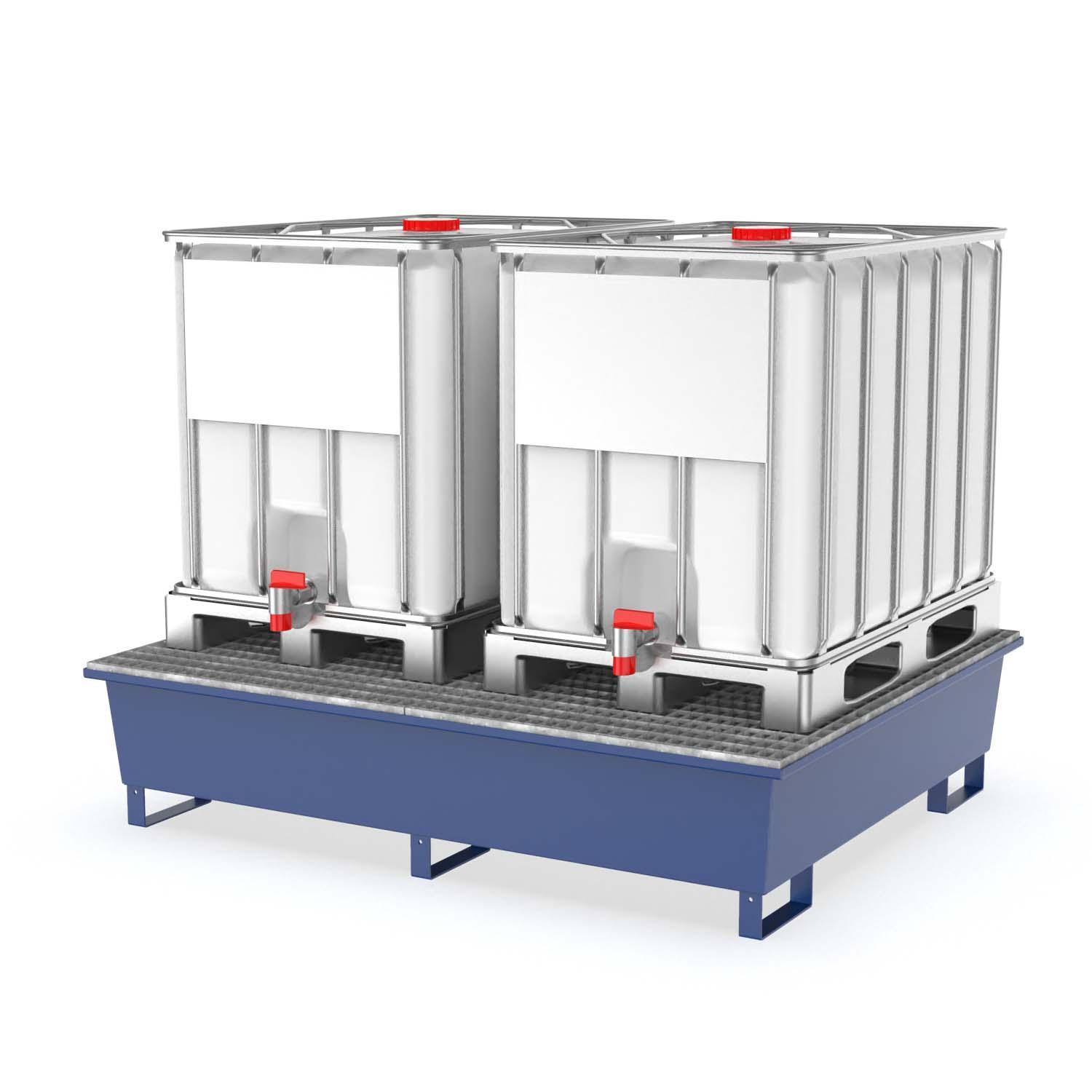 Auffangwanne aus Stahl für 2 x 600 l IBC, lackiert, mit Gitterrost, 1800x1450x400mm Auffangwannen aus Stahl Produktbild Auffangwanne aus Stahl für 2 x 600 l IBC, lackiert, mit Gitterrost, 1800x1450x400 mm