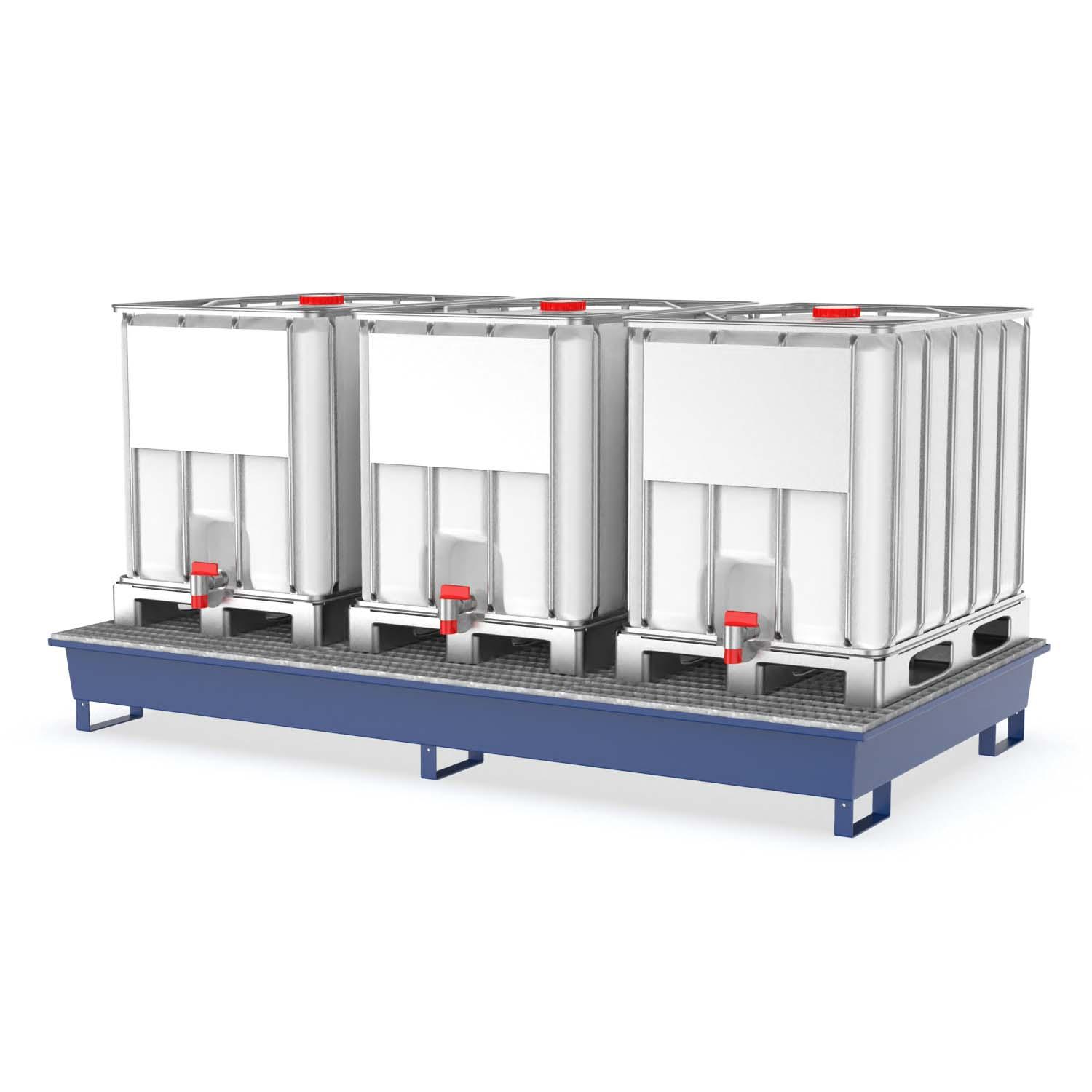 Auffangwanne aus Stahl für 3 x 600 l IBC, lackiert, mit Gitterrost, 2690x1450x310mm Auffangwannen aus Stahl Produktbild Auffangwanne aus Stahl für 3 x 600 l IBC, lackiert, mit Gitterrost, 2690x1450x310 mm