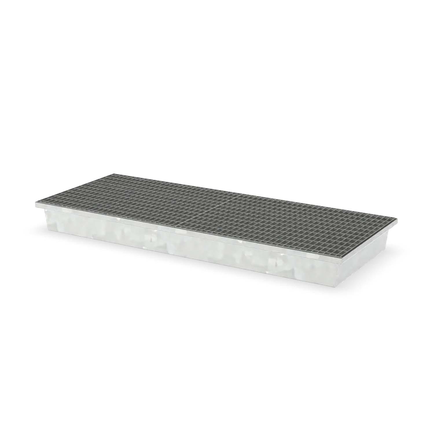 Paletten-Auffangwanne aus Stahl für 3 x 200 l Fässer, mit Gitterrost, verzinkt, 2010x800x180mm Auffangwannen aus Stahl Produktbild Paletten-Auffangwanne aus Stahl für 3 x 200 l Fässer, mit Gitterrost, verzinkt