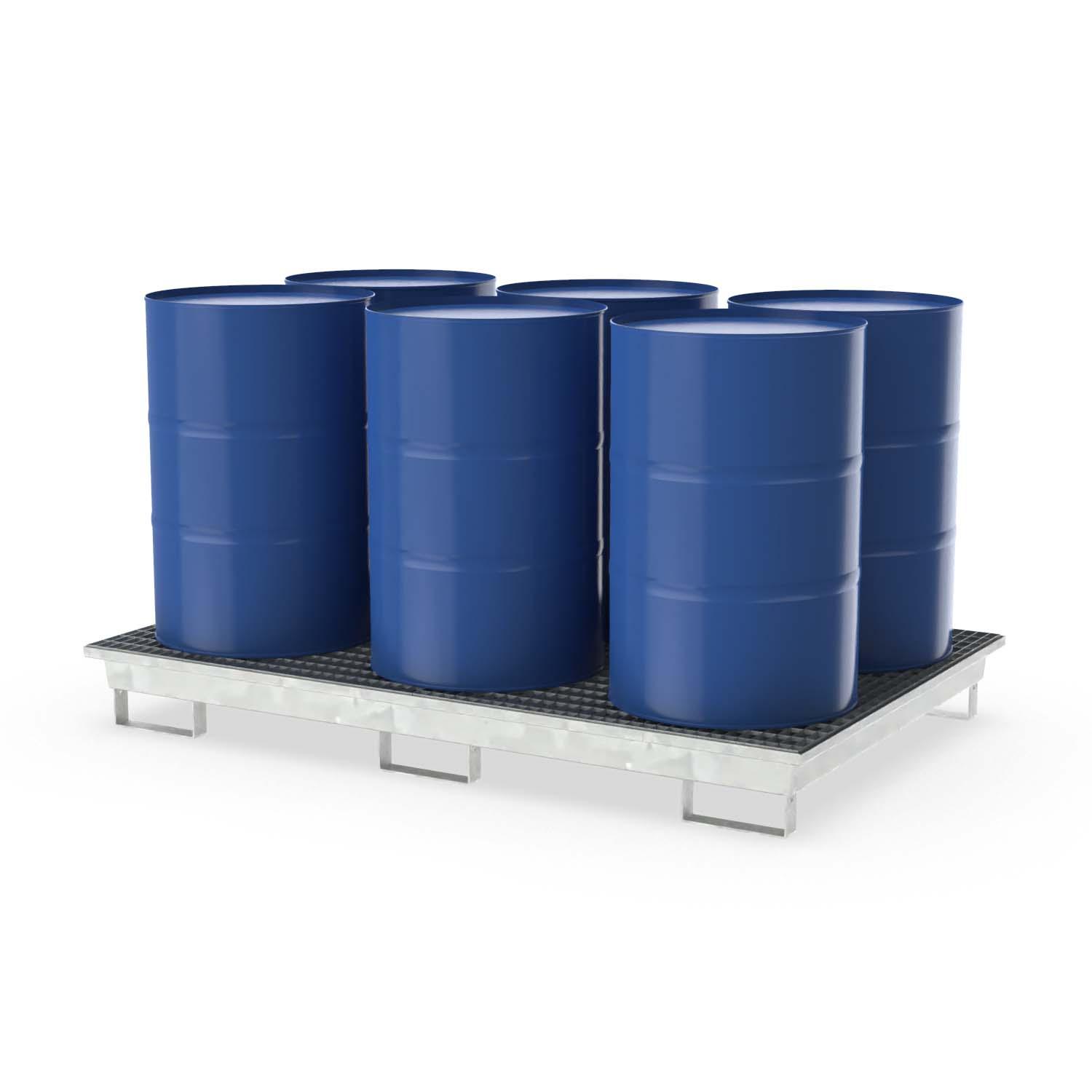 Auffangwanne aus Stahl für 6 x 200 l Fässer, mit Gitterrost, unterfahrbar, verzinkt, 2010x1300x220mm Auffangwannen aus Stahl Produktbild Auffangwanne aus Stahl für 6 x 200 l Fässer, mit Gitterrost, unterfahrbar, verzinkt