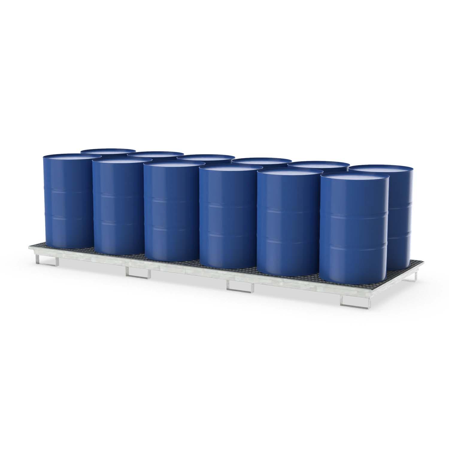 Auffangwanne aus Stahl für 12 x 200 l Fässer, mit Gitterrost, unterfahrbar, verzinkt, 3680x1300x190mm Auffangwannen aus Stahl Produktbild Auffangwanne aus Stahl für 12 x 200 l Fässer, mit Gitterrost, unterfahrbar, verzinkt