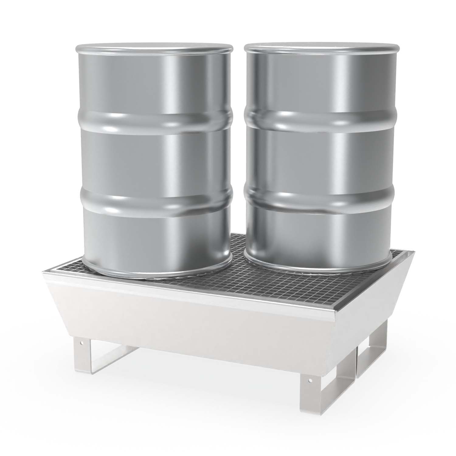Auffangwanne aus Edelstahl für 2 x 60 l Fässer, Auffangvolumen 61 l, stapelbar, 800x640x280mm Auffangwannen aus Edelstahl Produktbild Auffangwanne aus Edelstahl für 2 x 60 l Fässer, Auffangvolumen 61 l, stapelbar