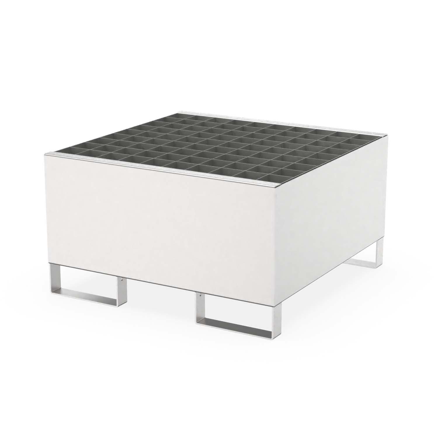 Auffangwanne aus Edelstahl für 1 x 200 l Fass, Auffangvolumen 200 l, 800x800x460mm Auffangwannen aus Edelstahl Produktbild Auffangwanne aus Edelstahl für 1 x 200 l Fass, Auffangvolumen 200 l