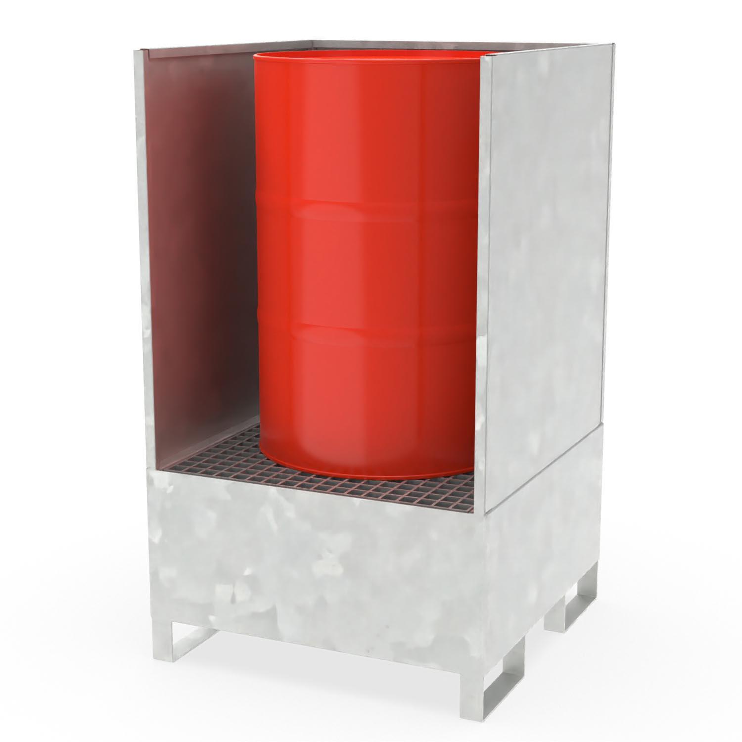 Auffangwanne aus Stahl für 1 x 200 l Fass mit Garnitur steckbar, 3-teilig, verzinkt, 800x800x1360mm Auffangwannen aus Stahl Produktbild Auffangwanne aus Stahl für 1 x 200 l Fass mit Garnitur steckbar, 3-teilig, verzinkt