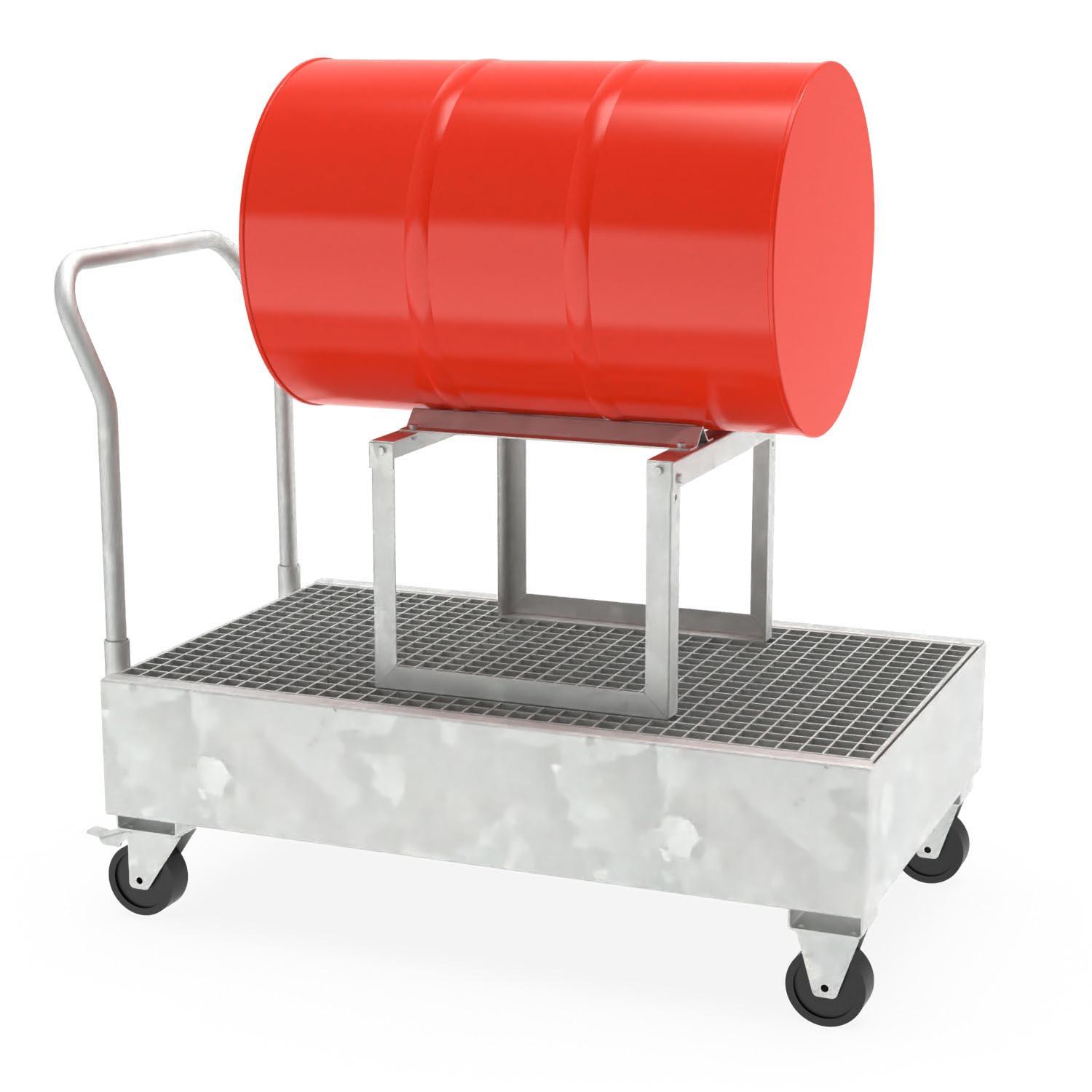 Fahrbare Auffangwanne aus Stahl mit Fassbock, mit elektrisch leitfähigen Rollen Auffangwannen aus Stahl Produktbild Fahrbare Auffangwanne aus Stahl mit Fassbock, mit elektrisch leitfähigen Rollen