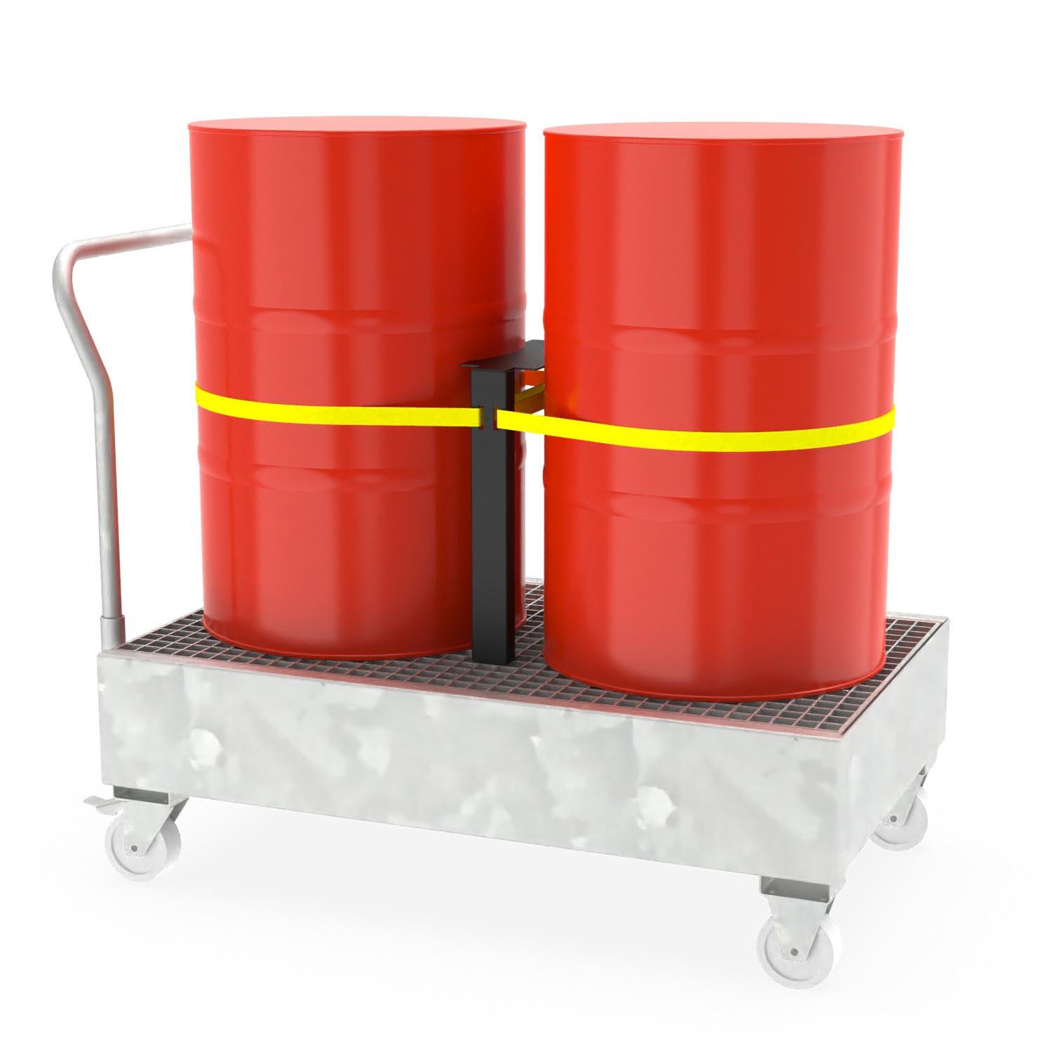 Fahrbare Auffangwanne aus Stahl für 2 x 200 l Fässer mit Fasssicherung Auffangwannen aus Stahl Produktbild Fahrbare Auffangwanne aus Stahl für 2 x 200 l Fässer mit Fasssicherung