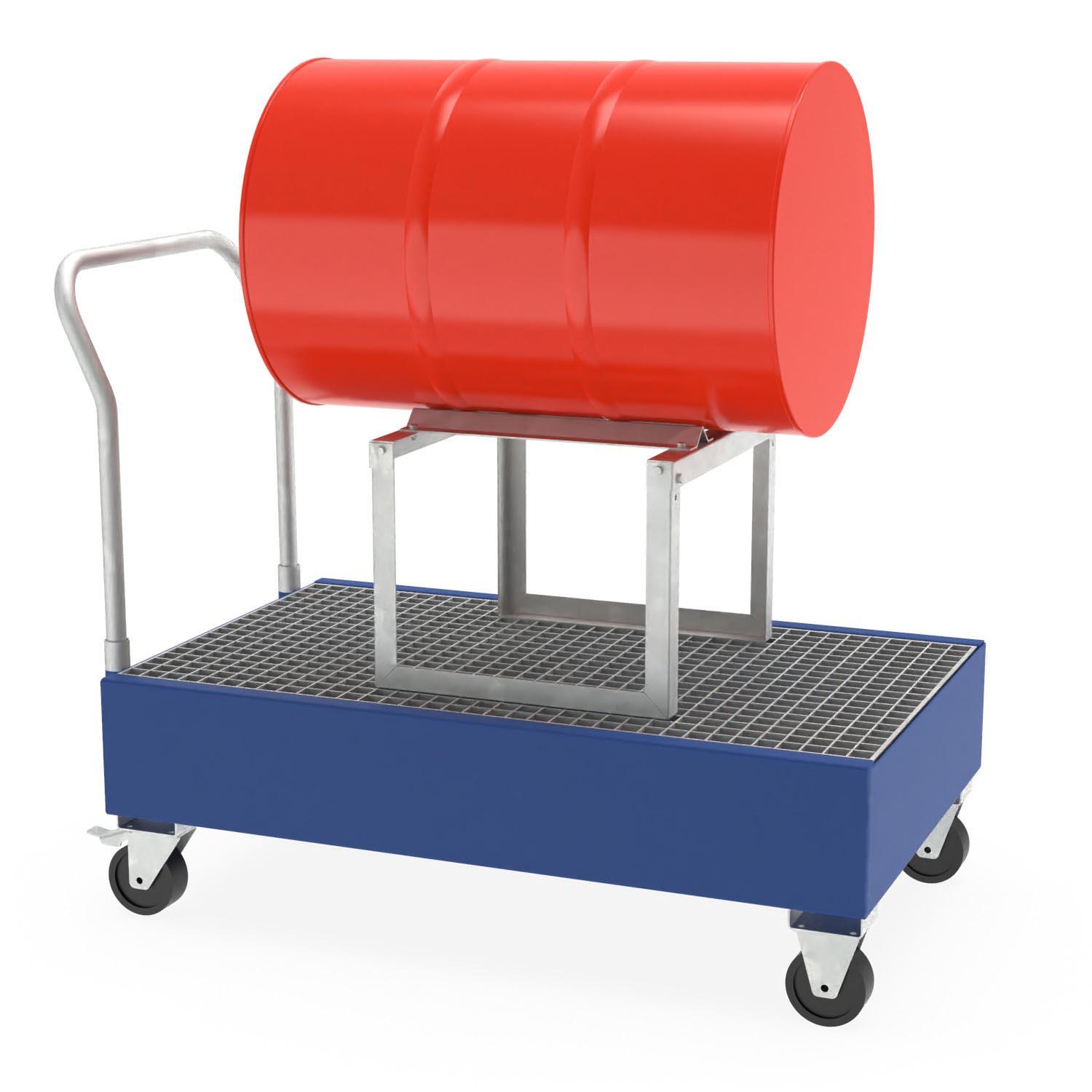 Fahrbare Auffangwanne aus Stahl mit Fassbock, mit elektrisch leitfähigen Rollen Auffangwannen aus Stahl Produktbild Fahrbare Auffangwanne aus Stahl mit Fassbock, mit elektrisch leitfähigen Rollen