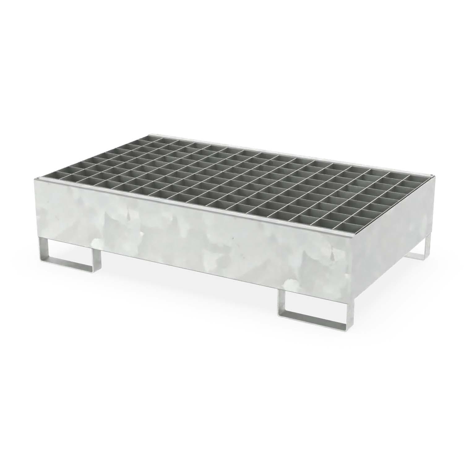 Auffangwanne aus Stahl für 2 x 200 l Fässer, mit Gitterrost, unterfahrbar, 1300x800x335mm Auffangwannen aus Stahl Produktbild Auffangwanne aus Stahl für 2 x 200 l Fässer, mit Gitterrost, unterfahrbar