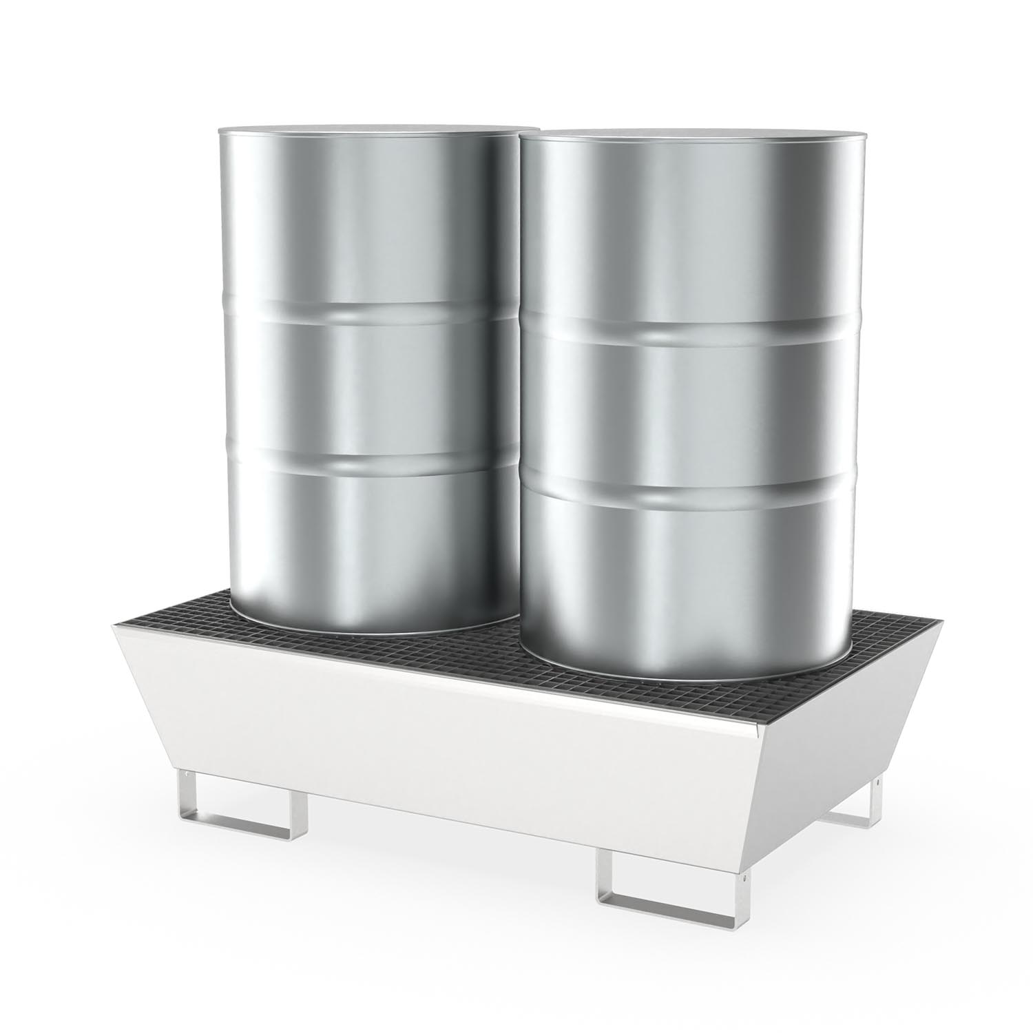 Auffangwanne aus Edelstahl für 2 x 200 l Fässer, Auffangvolumen 205 l, stapelbar, 1300x800x360mm Auffangwannen aus Edelstahl Produktbild Auffangwanne aus Edelstahl für 2 x 200 l Fässer, Auffangvolumen 205 l, stapelbar