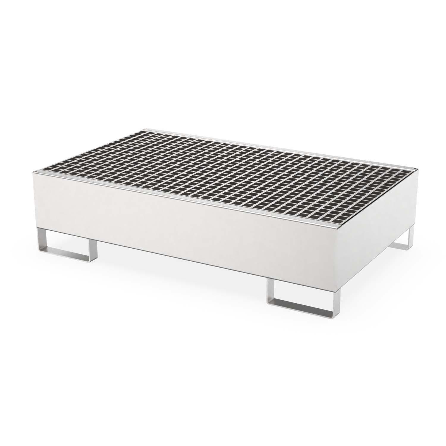Auffangwanne aus Edelstahl für 2 x 200 l Fässer, Auffangvolumen 204 l, 1300x800x335mm Auffangwannen aus Edelstahl Produktbild Auffangwanne aus Edelstahl für 2 x 200 l Fässer, Auffangvolumen 204 l