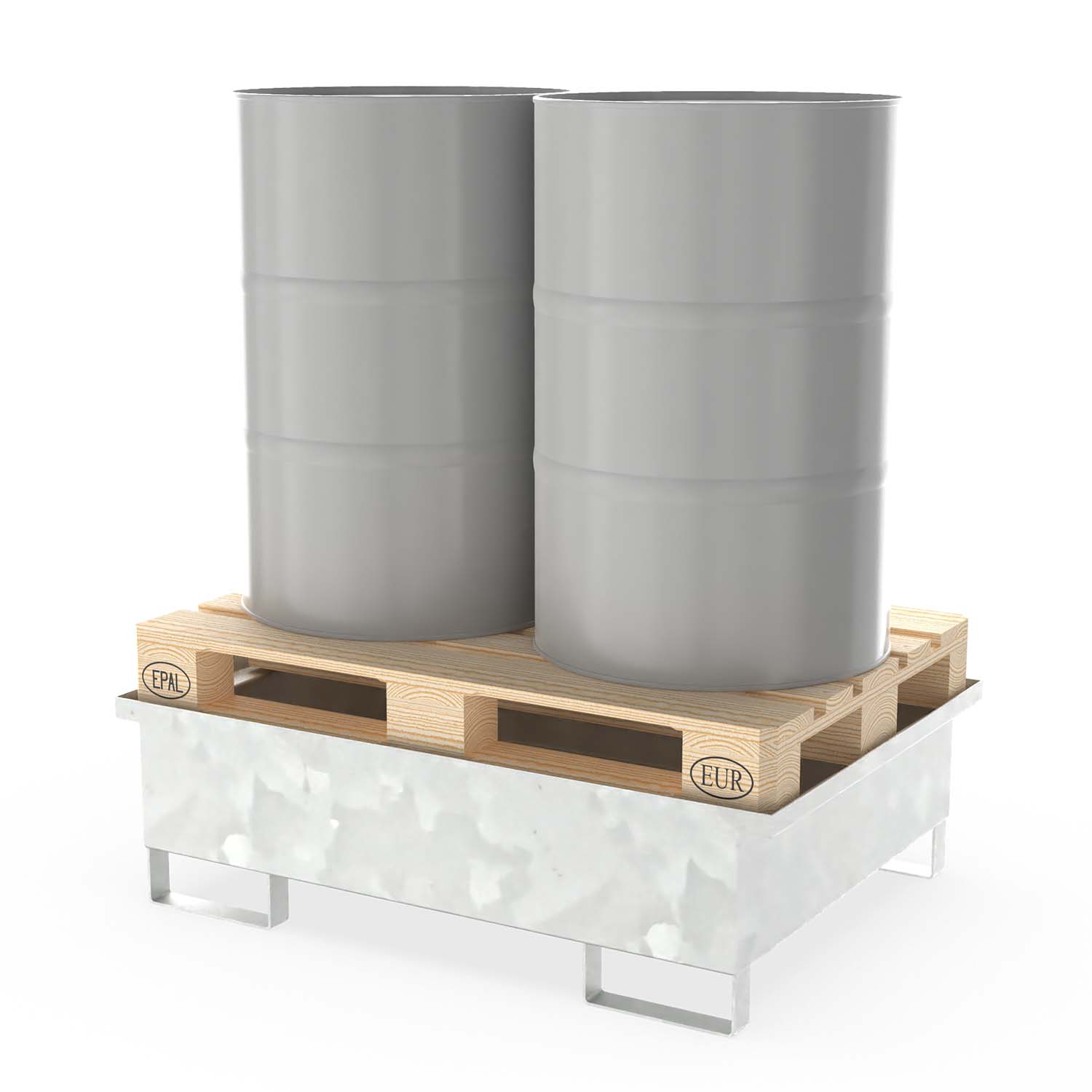 Auffangwanne aus Stahl für 2 x 200 l Fässer zur Direktlagerung mit Palette, ohne Gitterrost, unterfahrbar, verzinkt, 1230x850x360mm Auffangwannen aus Stahl Produktbild Auffangwanne aus Stahl für 2 x 200 l Fässer zur Direktlagerung mit Palette, ohne Gitterrost, unterfahrbar, verzinkt, 1230x850x360mm