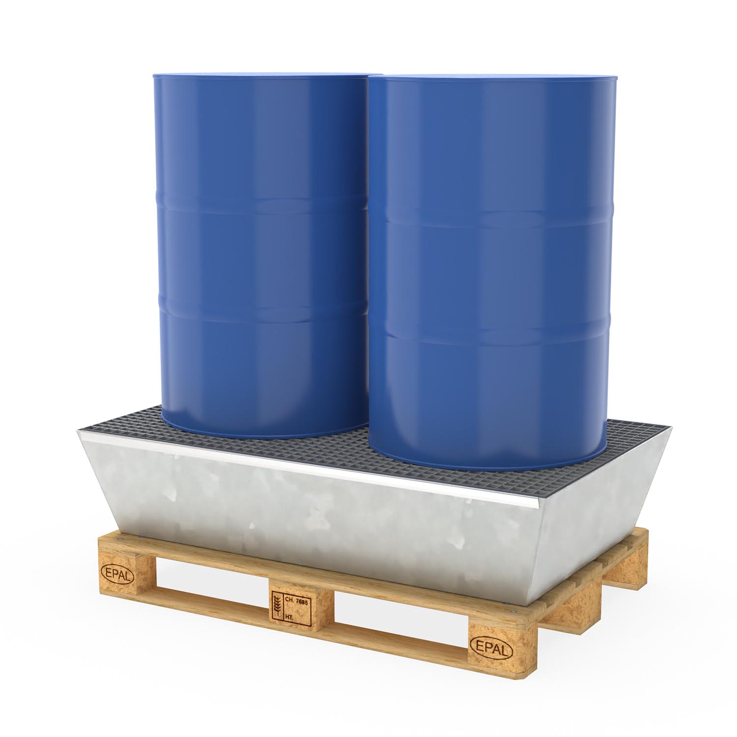 Paletten-Auffangwanne aus Stahl für 2 x 200 l Fässer, mit Gitterrost, verzinkt, 1300x800x380mm Auffangwannen aus Stahl Produktbild Auffangwanne aus Stahl für 2 x 200 l Fässer, mit Gitterrost, verzinkt
