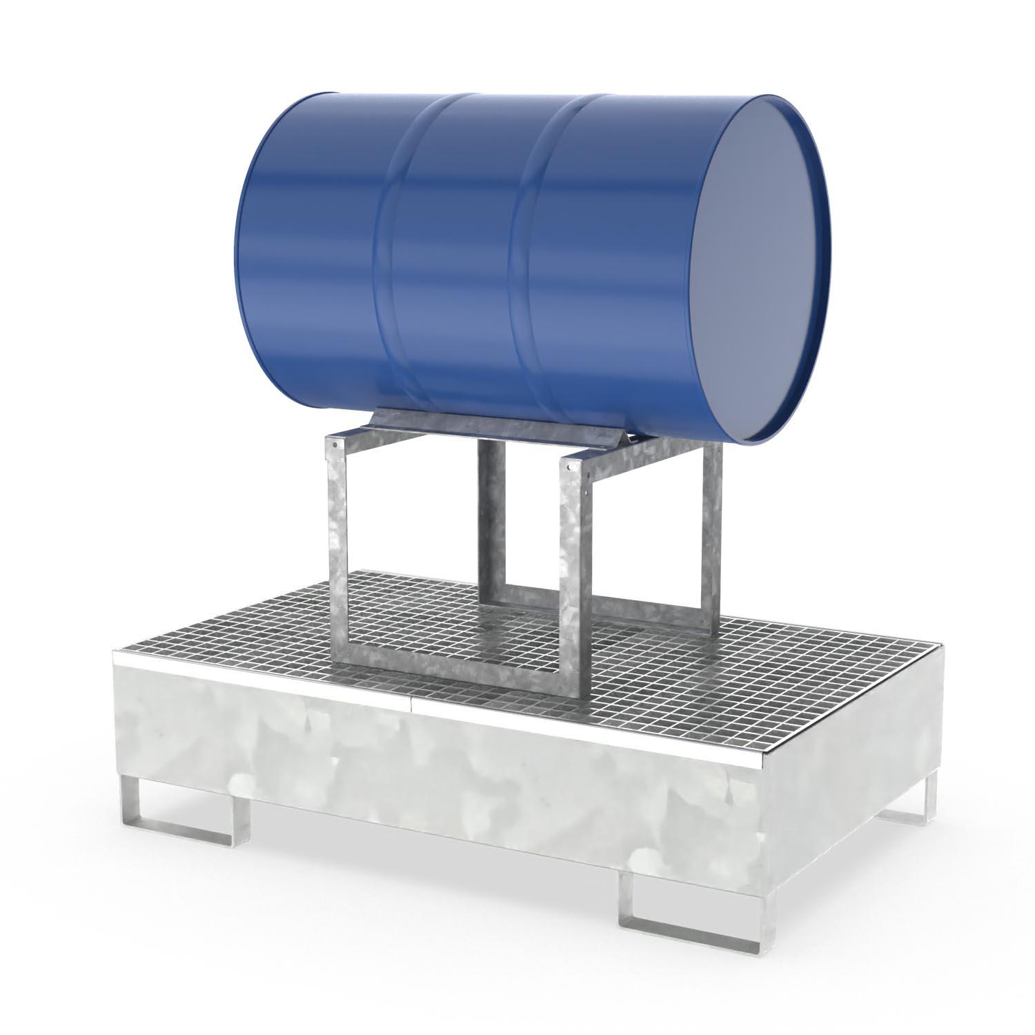 Abfüllstation aus Stahl für 1 x 200 l Fass, mit Gitterrost und Fassbock, 1300x800x735mm Abfüllstationen Produktbild Abfüllstation aus Stahl für 1 x 200 l Fass, mit Gitterrost und Fassbock