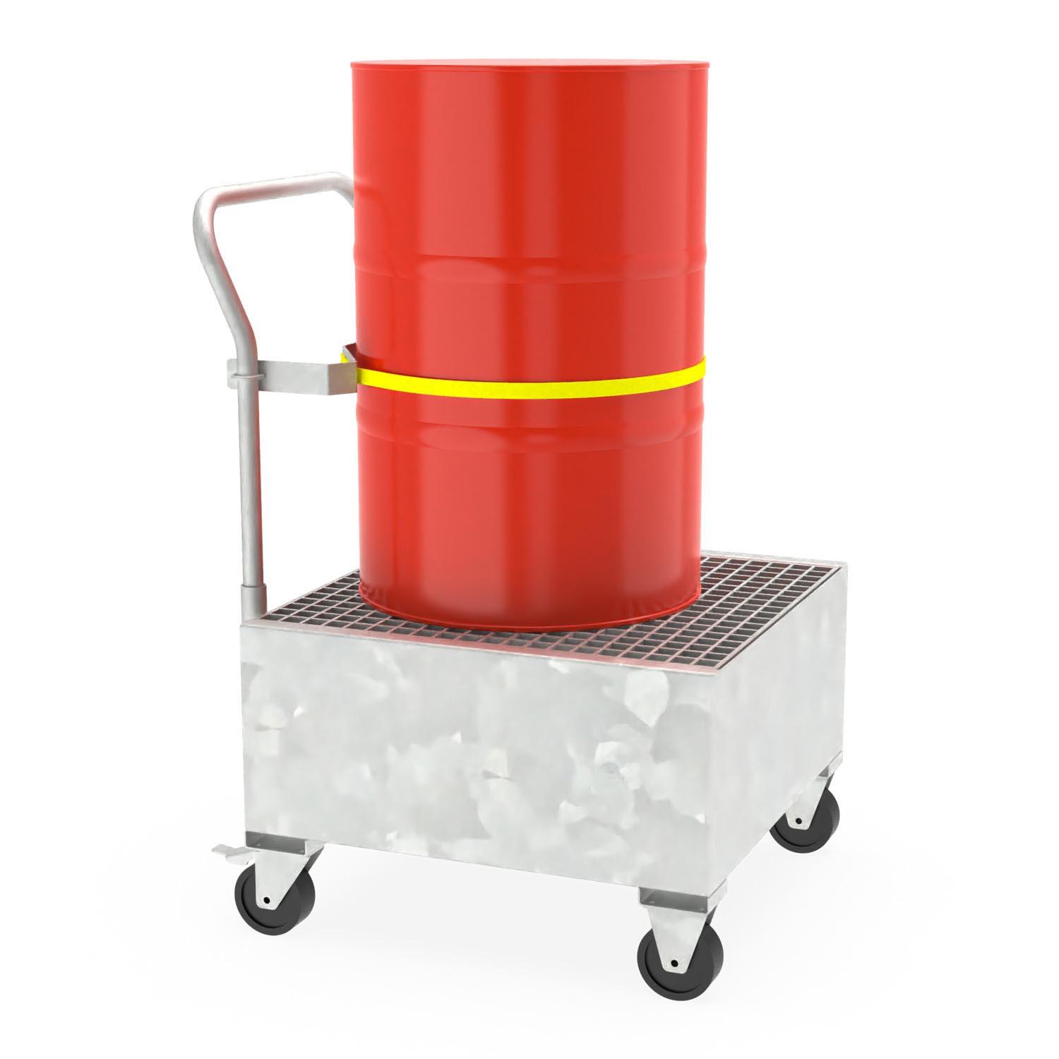 Fahrbare Auffangwanne aus Stahl für 1 x 200 l Fass mit elektrisch leitfähigen Rollen und Transportsicherung Auffangwannen aus Stahl Produktbild Fahrbare Auffangwanne aus Stahl für 1 x 200 l Fass mit elektrisch leitfähigen Rollen und Transportsicherung