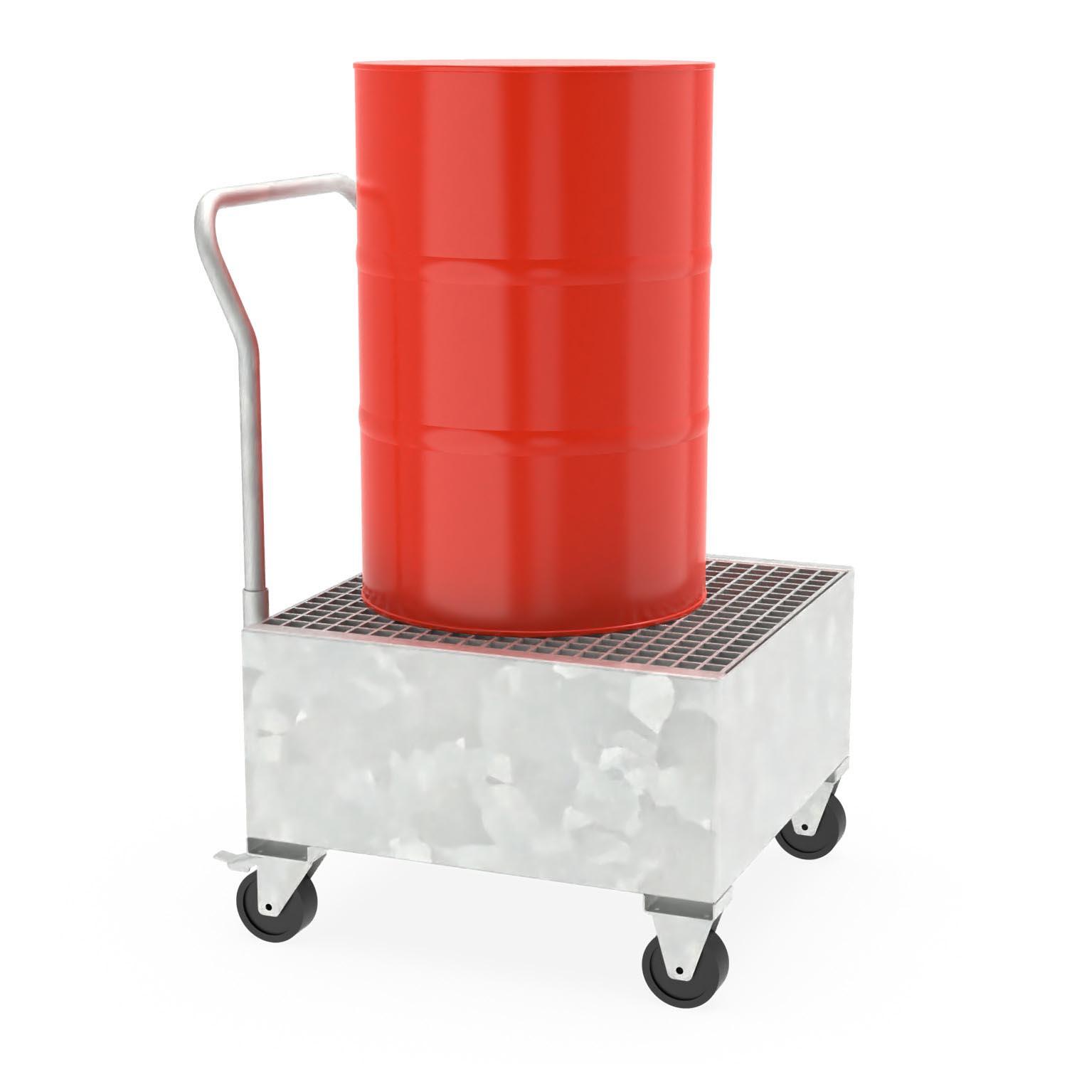 Fahrbare Auffangwanne aus Stahl für 1 x 200 l Fass mit elektrisch leitfähigen Rollen Auffangwannen aus Stahl Produktbild Fahrbare Auffangwanne aus Stahl für 1 x 200 l Fass mit elektrisch leitfähigen Rollen