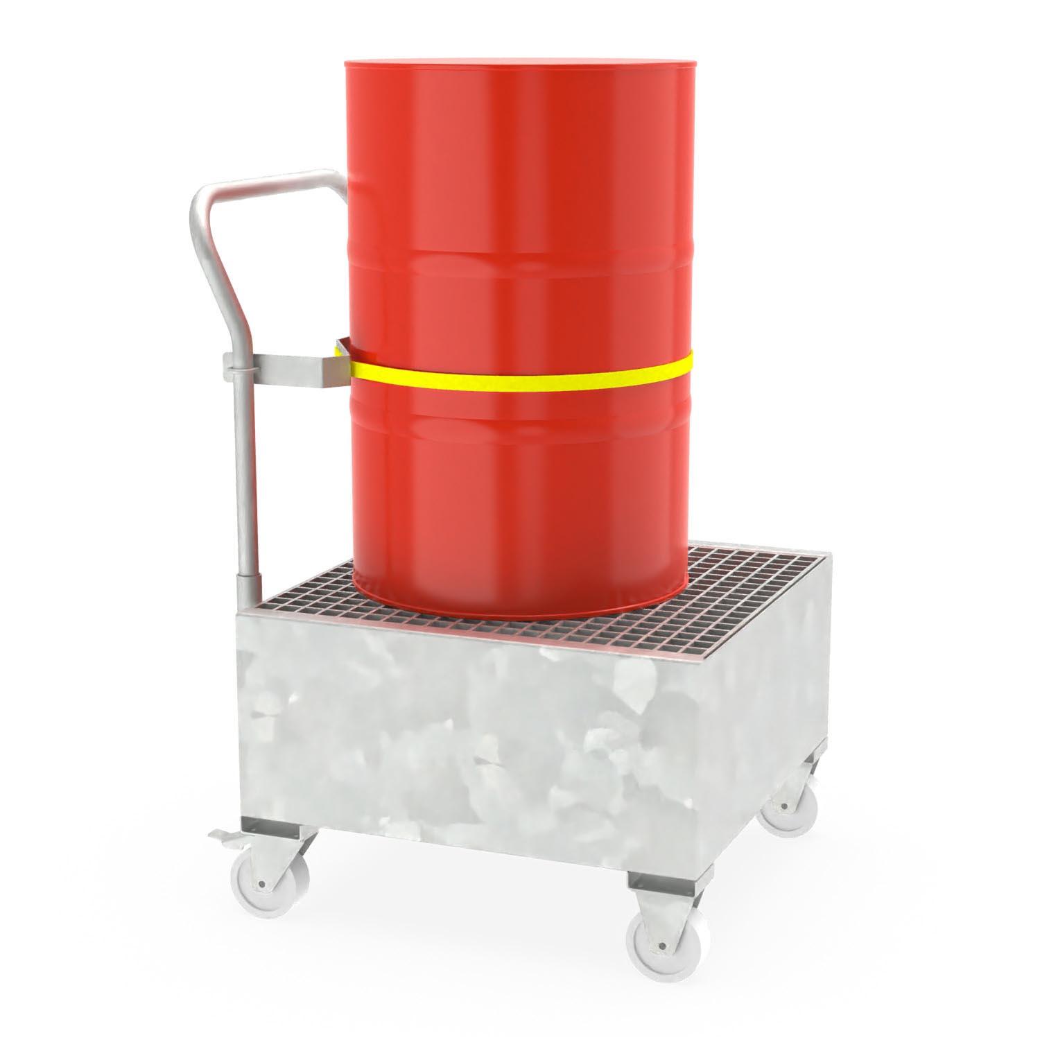 Fahrbare Auffangwanne aus Stahl für 1 x 200 l Fass mit Transportsicherung Auffangwannen aus Stahl Produktbild Fahrbare Auffangwanne aus Stahl für 1 x 200 l Fass mit Transportsicherung