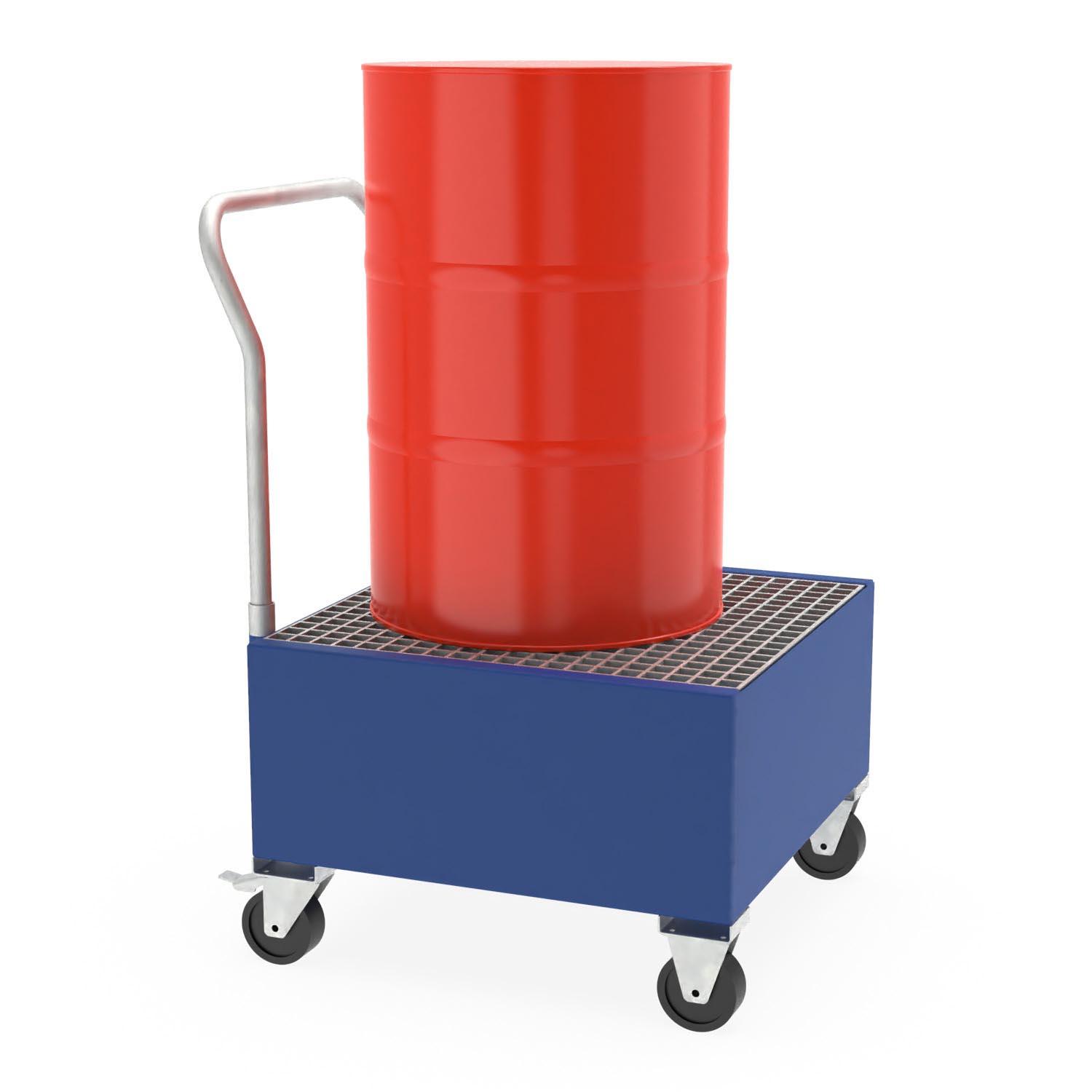 Fahrbare Auffangwanne aus Stahl für 1 x 200 l Fass mit elektrisch leitfähigen Rollen Auffangwannen aus Stahl Produktbild Fahrbare Auffangwanne aus Stahl für 1 x 200 l Fass mit elektrisch leitfähigen Rollen