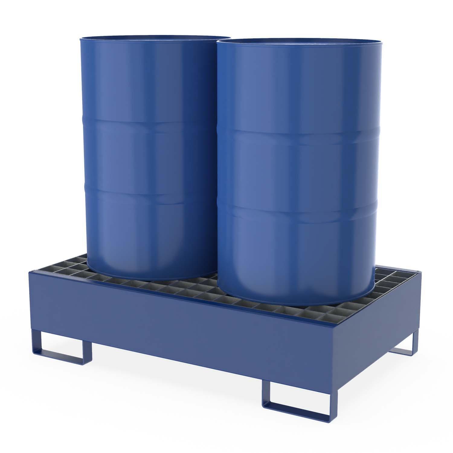 Auffangwanne aus Stahl für 2 x 200 l Fässer, mit Gitterrost, unterfahrbar, 1300x800x335mm Auffangwannen aus Stahl Produktbild Auffangwanne aus Stahl für 2 x 200 l Fässer, mit Gitterrost, unterfahrbar