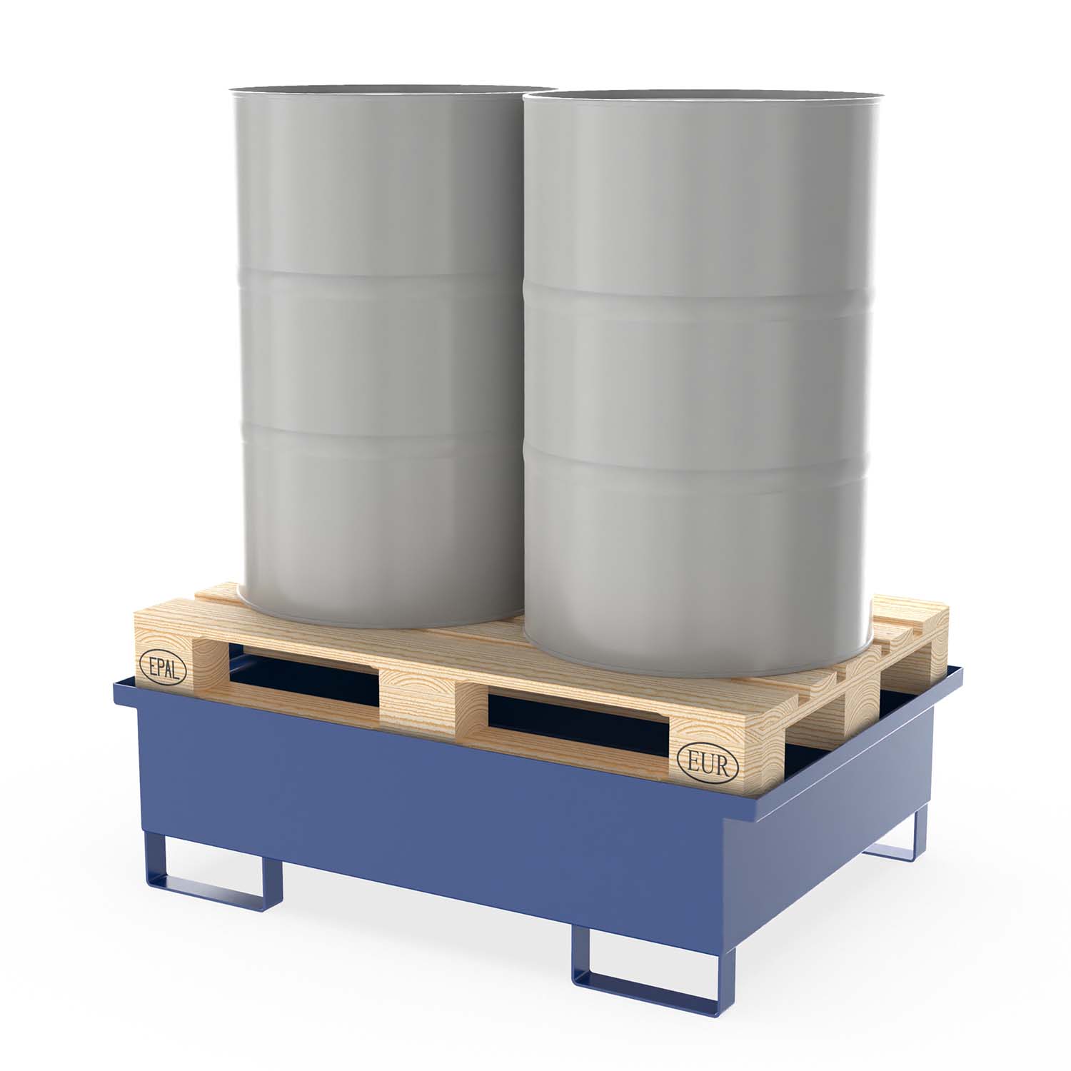 Auffangwanne aus Stahl für 2 x 200 l Fässer zur Direktlagerung mit Palette, ohne Gitterrost, unterfahrbar, lackiert, 1230x850x360mm Auffangwannen aus Stahl Produktbild Auffangwanne aus Stahl für 2 x 200 l Fässer zur Direktlagerung mit Palette, ohne Gitterrost, unterfahrbar, lackiert, 1230x850x360mm