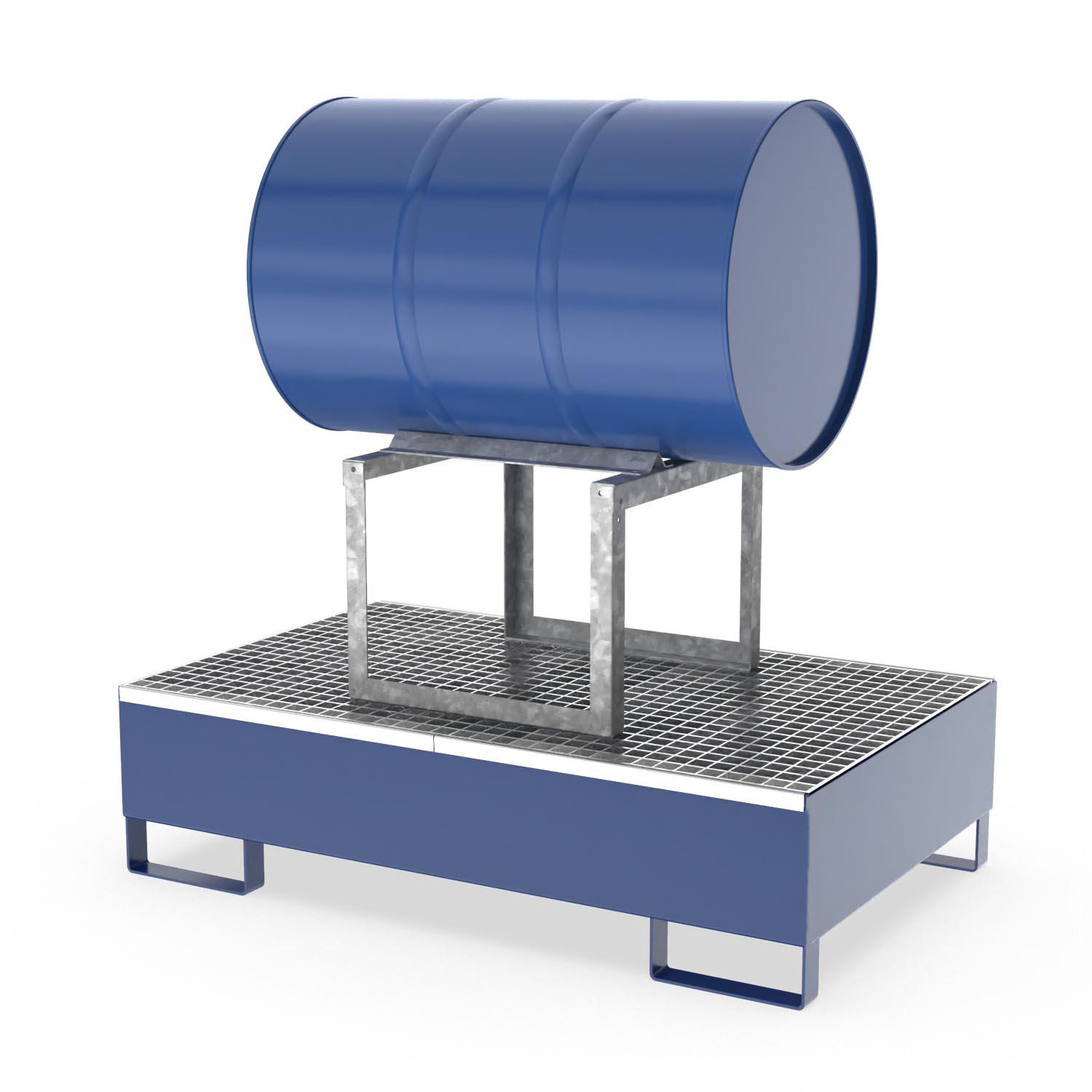 Abfüllstation aus Stahl für 1 x 200 l Fass, mit Gitterrost und Fassbock, 1300x800x735mm Abfüllstationen Produktbild Abfüllstation aus Stahl für 1 x 200 l Fass, mit Gitterrost und Fassbock