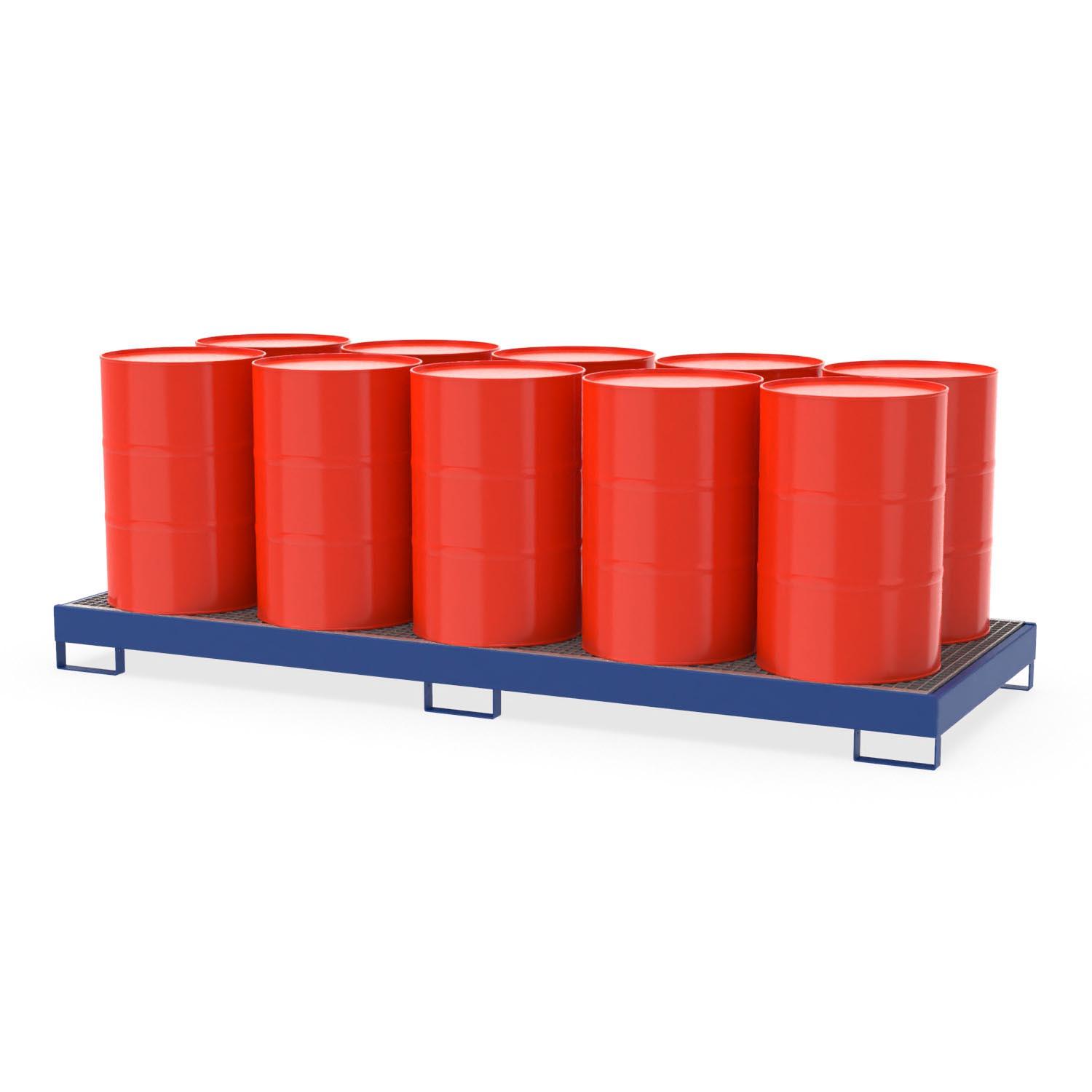 Auffangwanne aus Stahl für 10 x 200 l für Fässer oder Kleingebinde, mit Gitterrost, 3250x1200x232mm Auffangwannen aus Stahl Produktbild Auffangwanne aus Stahl für 10 x 200 l für Fässer oder Kleingebinde