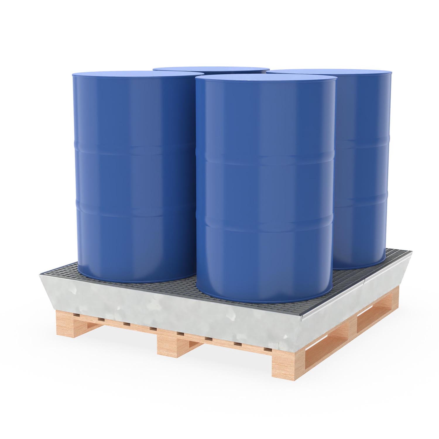 Paletten-Auffangwanne aus Stahl für 4 x 200 l Fässer, mit Gitterrost, verzinkt, 1300x1300x170mm Auffangwannen aus Stahl Produktbild Auffangwanne aus Stahl für 4 x 200 l Fässer, mit Gitterrost, verzinkt