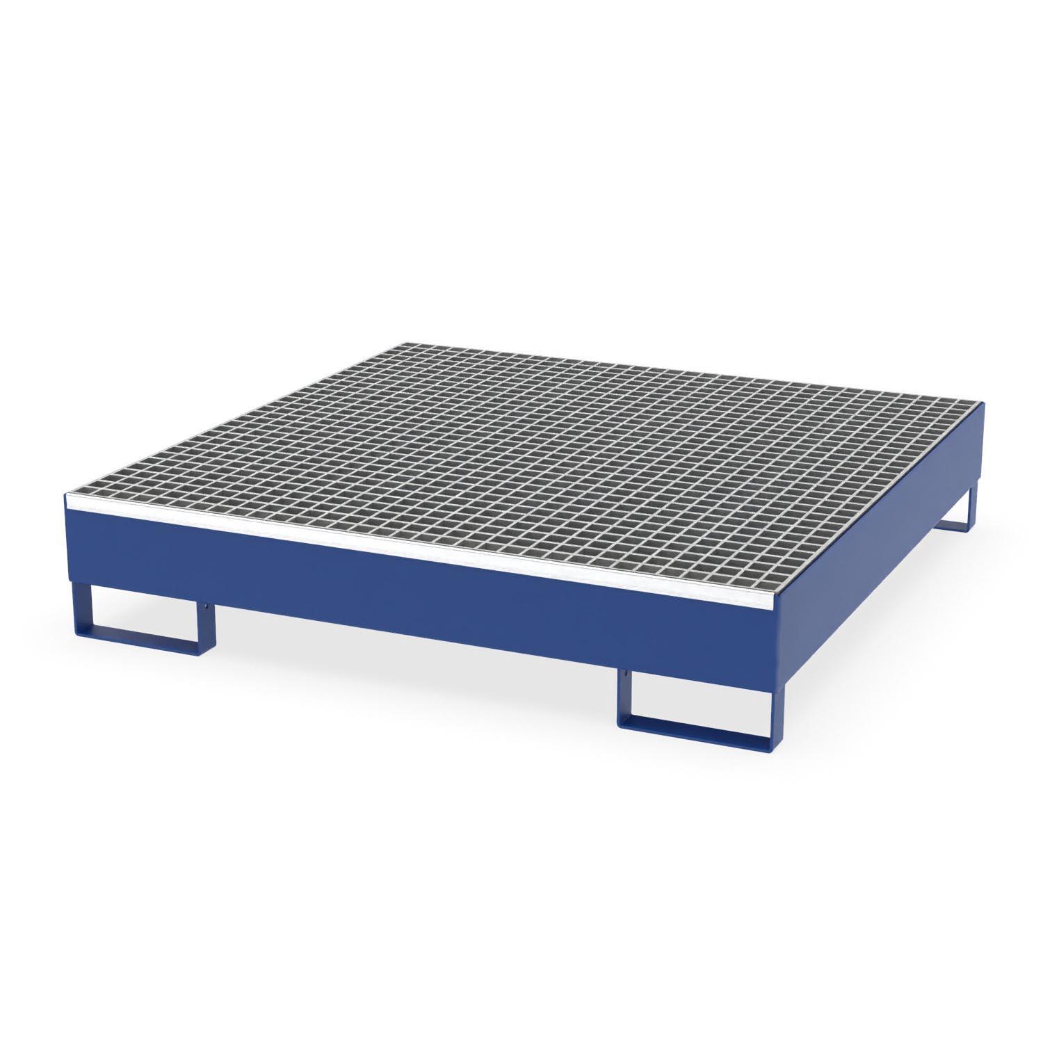 Auffangwanne aus Stahl für 4 x 200 l Fässer, mit Gitterrost, unterfahrbar, 1300x1300x260mm Auffangwannen aus Stahl Produktbild Auffangwanne aus Stahl für 4 x 200 l Fässer