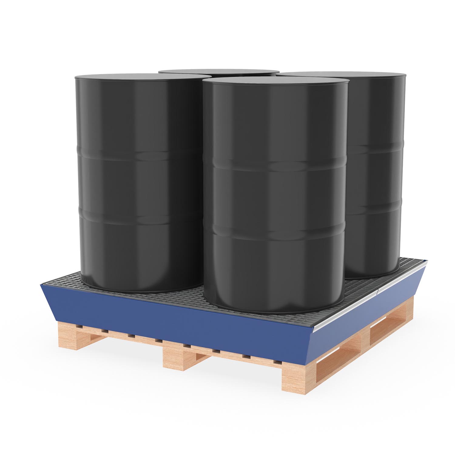 Paletten-Auffangwanne aus Stahl für 4 x 200 l Fässer, mit Gitterrost, lackiert, 1300x1300x170mm Auffangwannen aus Stahl Produktbild Auffangwanne aus Stahl für 4 x 200 l Fässer, mit Gitterrost, lackiert