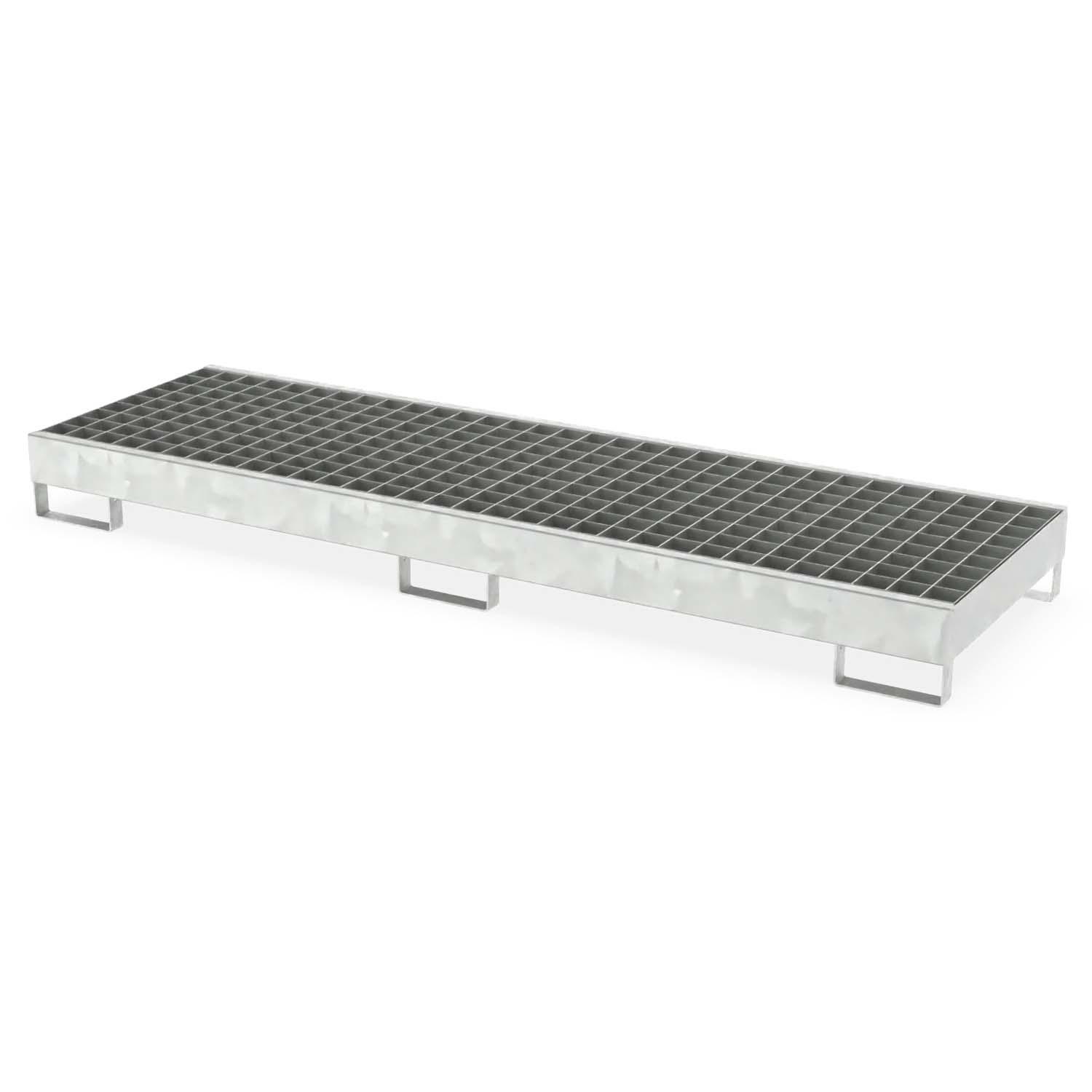 Auffangwanne aus Stahl für 4 x 200 l Fässer lang, mit Gitterrost, unterfahrbar, 2590x800x235mm Auffangwannen aus Stahl Produktbild Auffangwanne aus Stahl für 4 x 200 l Fässer lang, mit Gitterrost, unterfahrbar