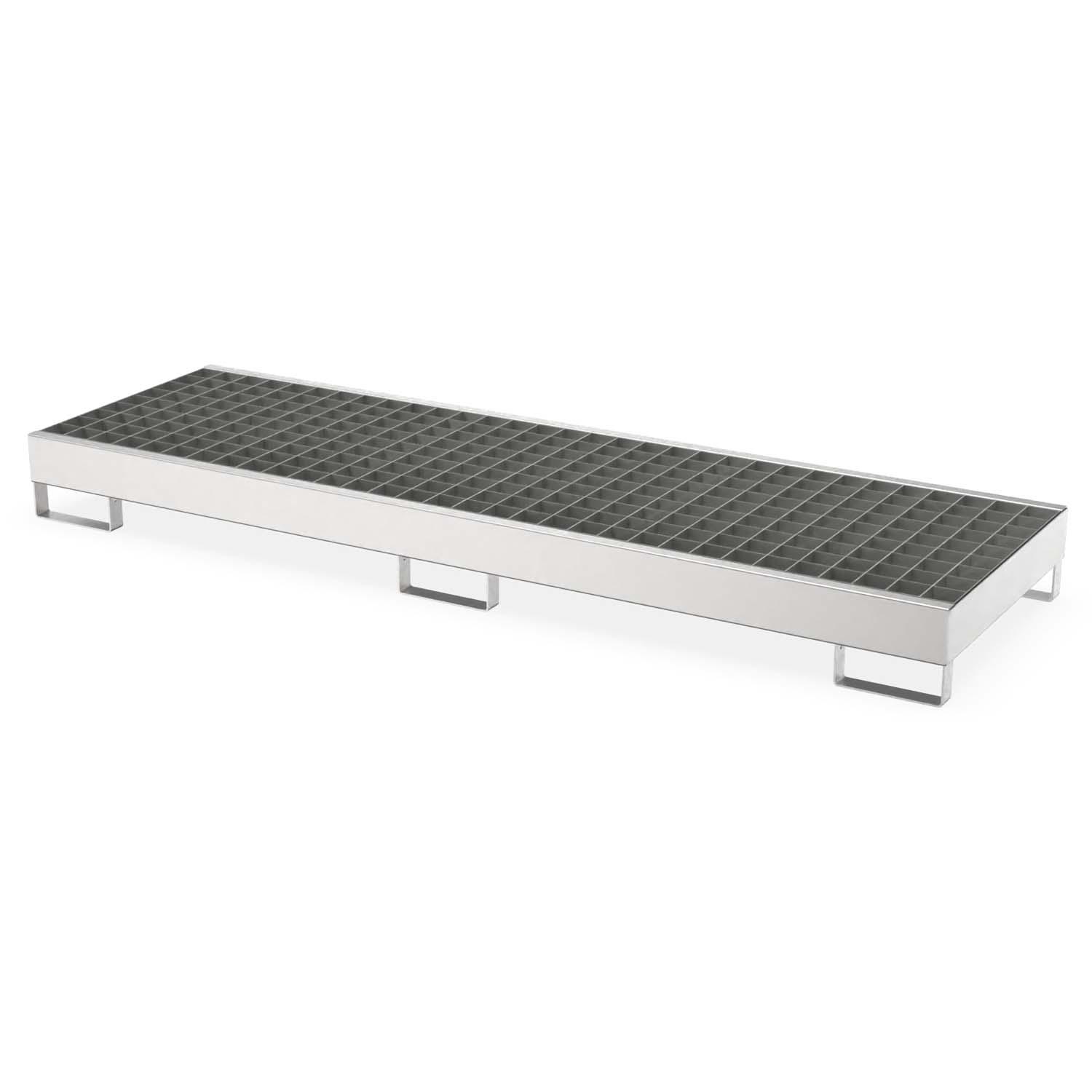 Auffangwanne aus Edelstahl für 4 x 200 l Fässer, lang, Auffangvolumen 207 l, 2590x800x235mm Auffangwannen aus Edelstahl Produktbild Auffangwanne aus Edelstahl für 4 x 200 l Fässer, lang, Auffangvolumen 207 l