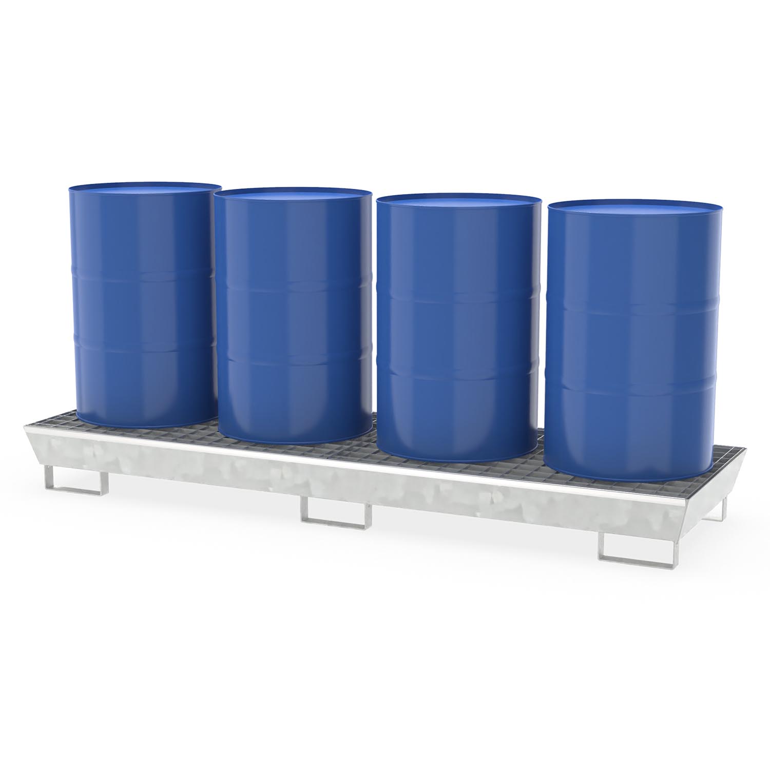 Auffangwanne aus Stahl für 4 x 200 l Fässer, mit Gitterrost, unterfahrbar, lang, verzinkt, 2590x800x260mm Auffangwannen aus Stahl Produktbild Auffangwanne aus Stahl für 4 x 200 l Fässer, mit Gitterrost, unterfahrbar, lang, verzinkt