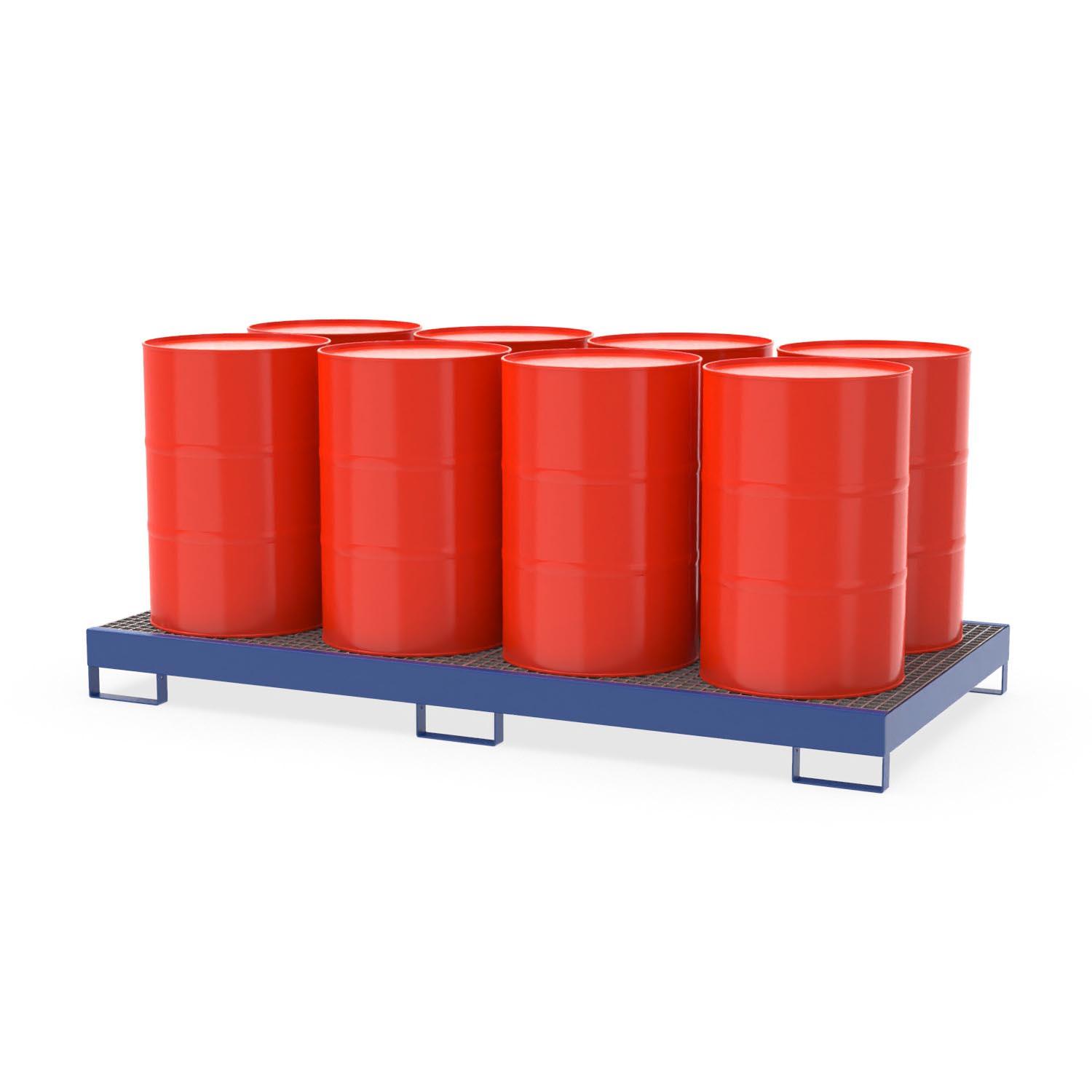 Auffangwanne aus Stahl für 8 x 200 l Fässer, mit Gitterrost, unterfahrbar, 2590x1300x220mm Auffangwannen aus Stahl Produktbild Auffangwanne aus Stahl für 8 x 200 l Fässer, mit Gitterrost und Füßen